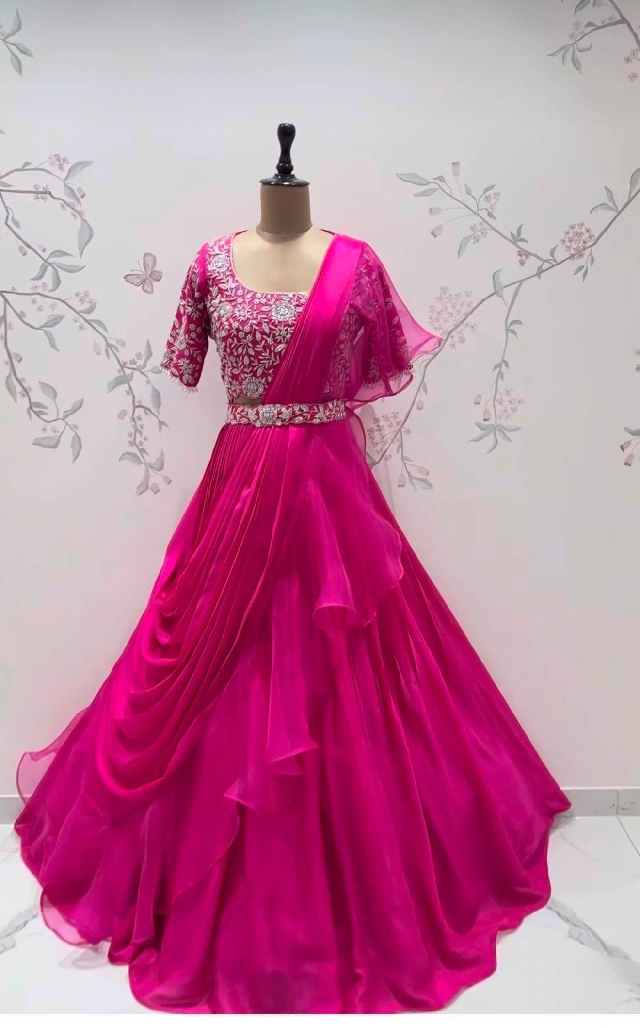 Pink Ruffle Saree: Silk Lehenga Sari with Embroidered Blouse,ready to wear sarees,cocktail saree,lehenga saree,ruffle saree belt,modern sar