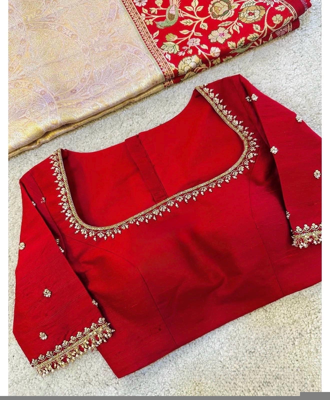 pure silk hand embroidery blouse/saree maggam blouse/red zardosi blouse/red hand embroidered moderblouse/red muggu ready made blouse USA