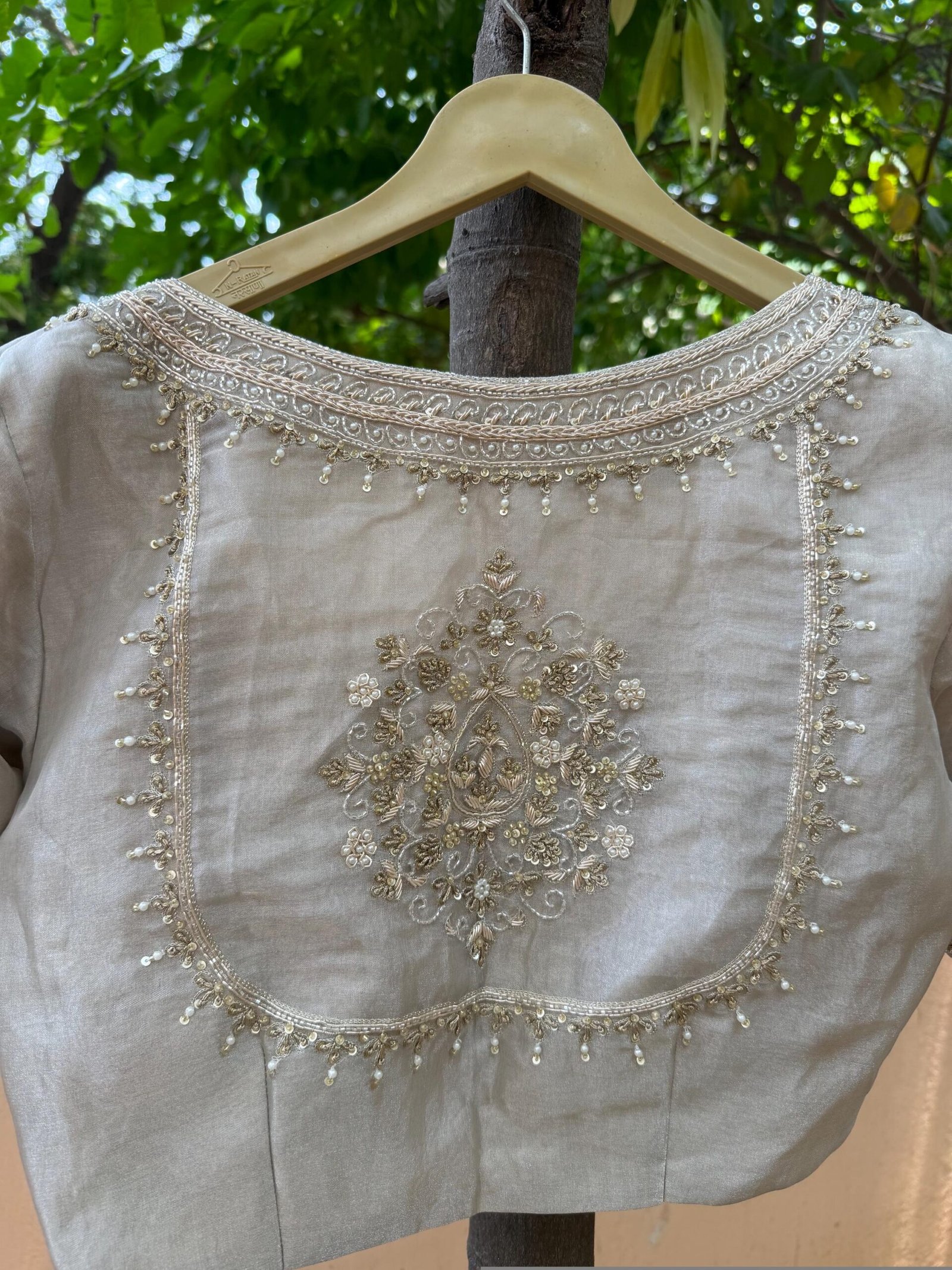 Pure Silk Saree Blouse:Golden Zardosi Hand Embroidery, Elbow Sleeve,golden tissue blouse,handwork blouse,silver blouse,golden blouse USA