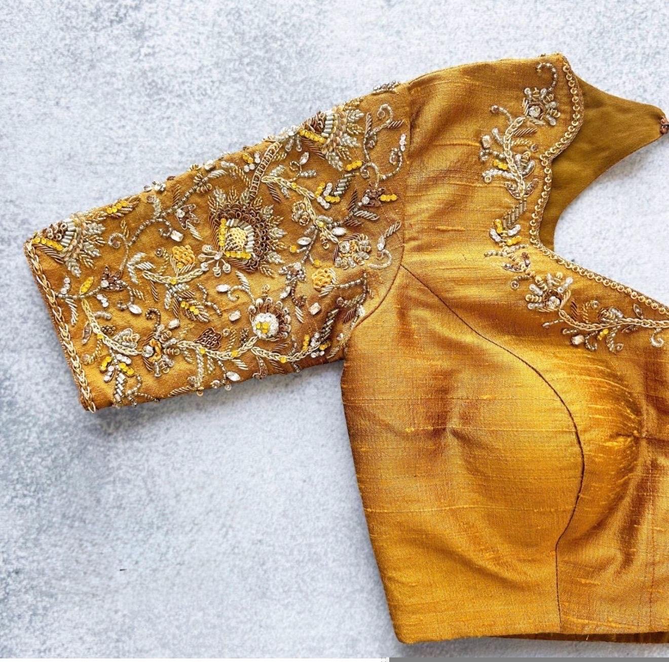 pure silk hand embroidery blouse/saree maggam blouse/yellow zardosi blouse/hand embroidered blouse/mustard yellow ready made blouse zardosi
