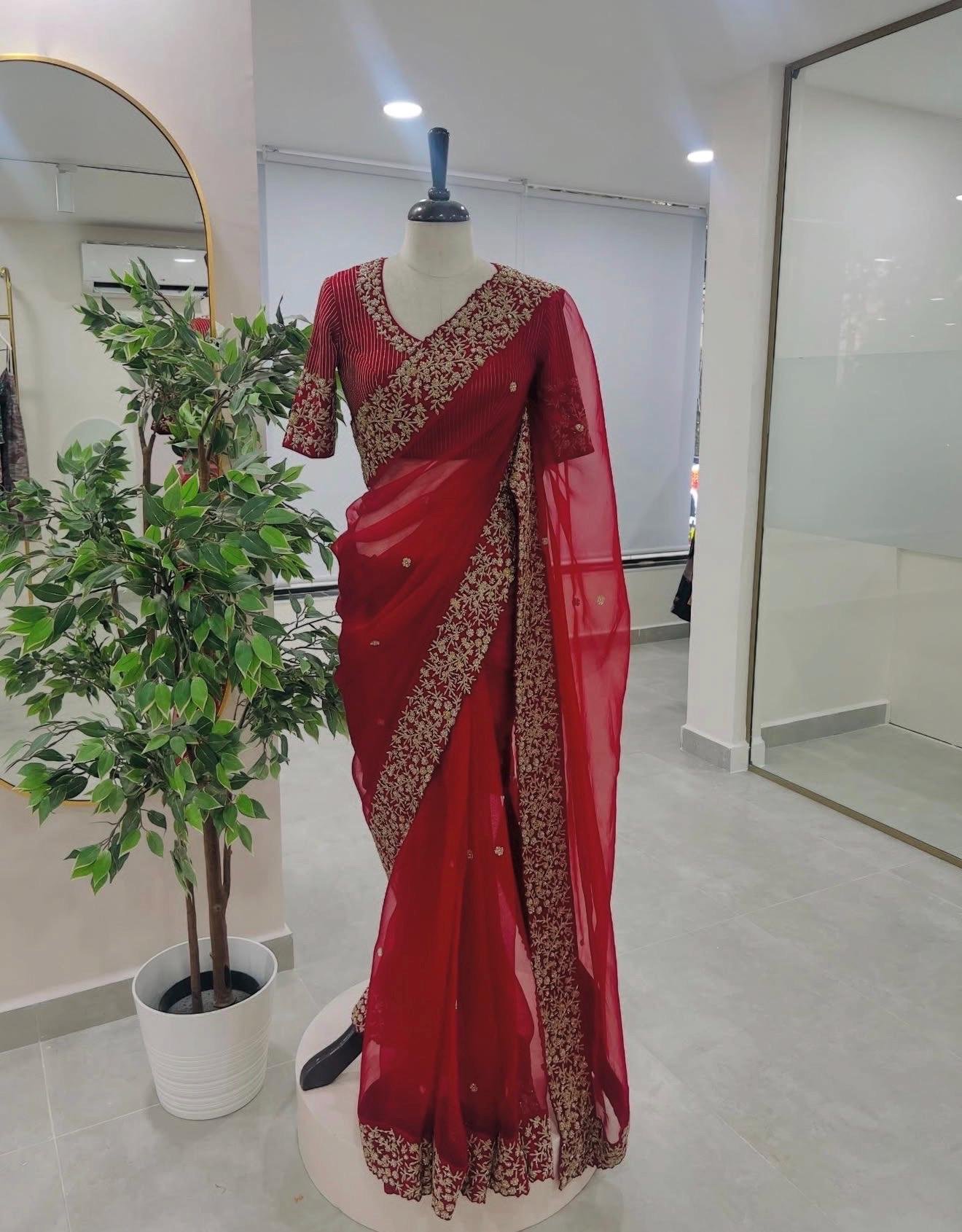 Red Organza Silk Saree:Hand Embroidered Blouse, Indian Wedding Bridal Saree,luxury wedding saree,pure silk saree,cocktail saree,red sari us