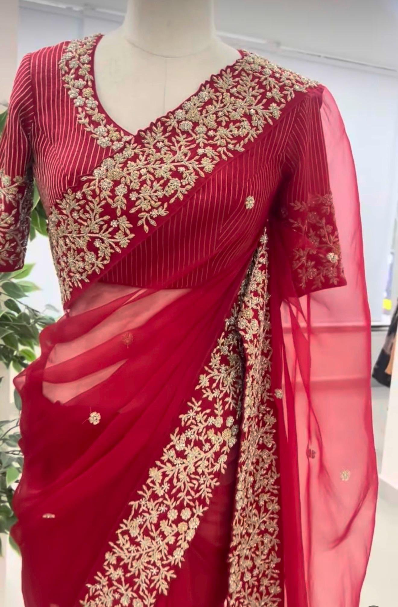 Red Organza Silk Saree:Hand Embroidered Blouse, Indian Wedding Bridal Saree,luxury wedding saree,pure silk saree,cocktail saree,red sari us