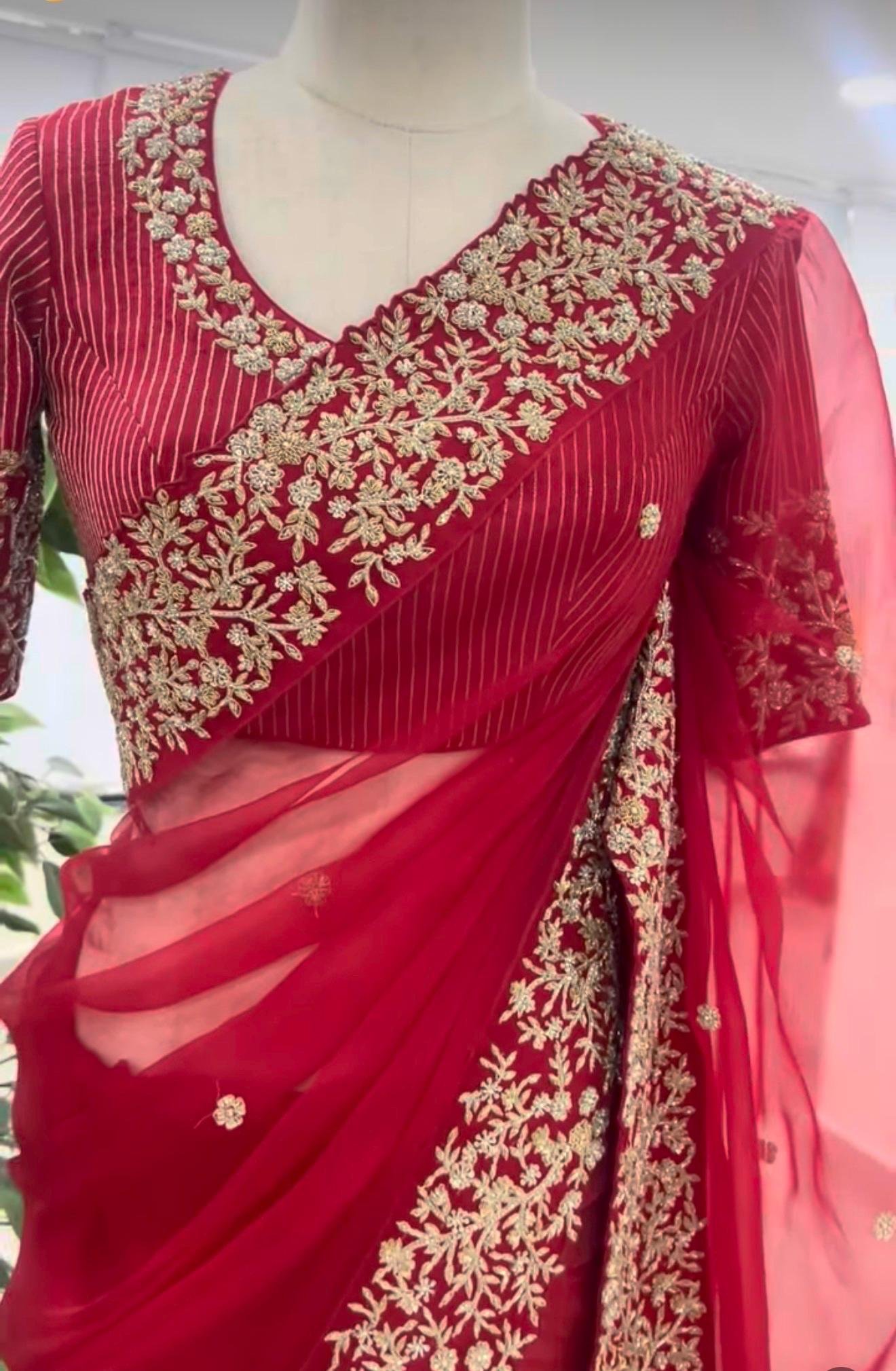 Red Organza Silk Saree:Hand Embroidered Blouse, Indian Wedding Bridal Saree,luxury wedding saree,pure silk saree,cocktail saree,red sari us