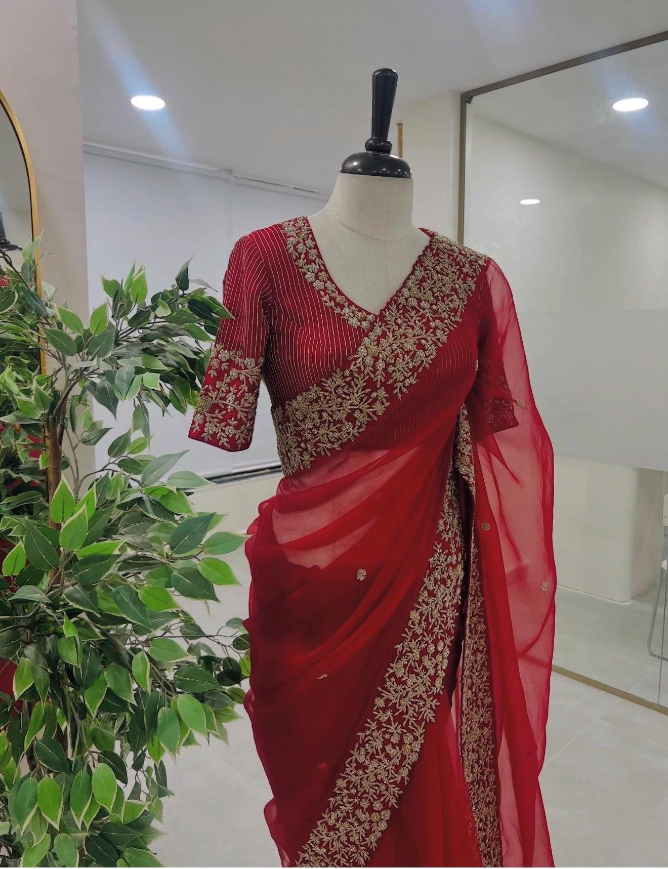 Red Organza Silk Saree:Hand Embroidered Blouse, Indian Wedding Bridal Saree,luxury wedding saree,pure silk saree,cocktail saree,red sari us