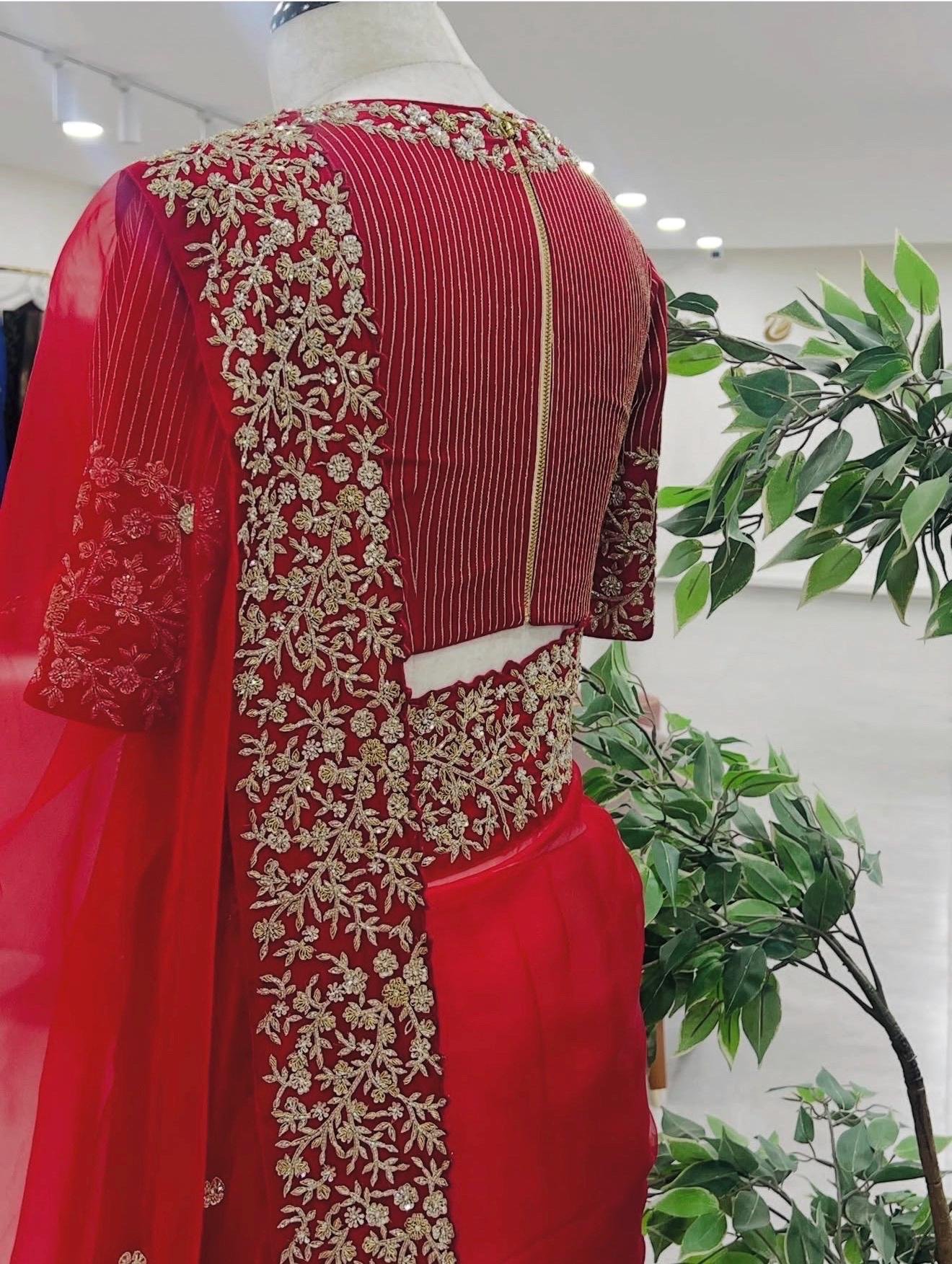 Red Organza Silk Saree:Hand Embroidered Blouse, Indian Wedding Bridal Saree,luxury wedding saree,pure silk saree,cocktail saree,red sari us