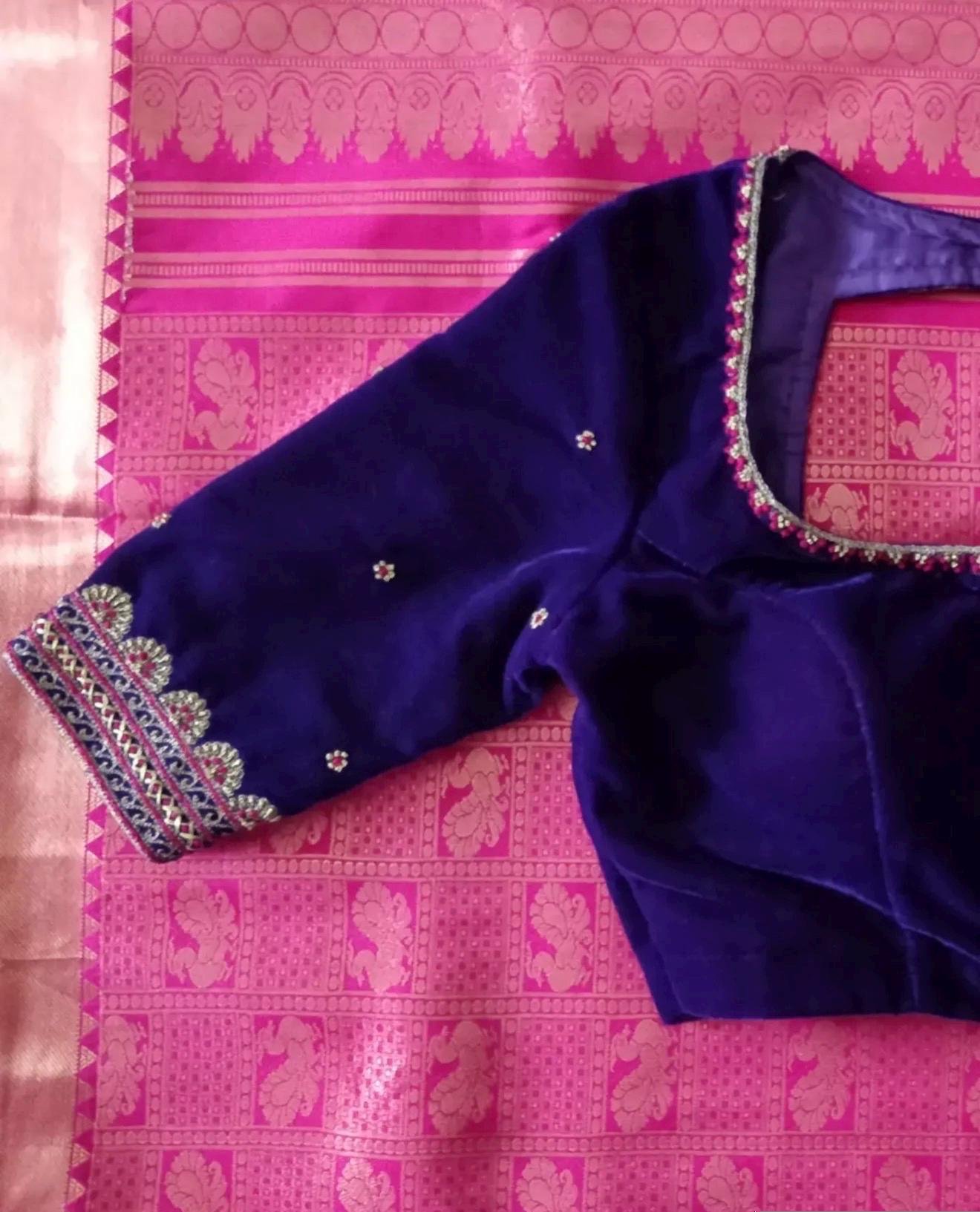 Purple Velvet Saree Blouse: Hand Embroidered Zardosi Maggam,purple maggam blouse,mix and match saree blouse,plus size blouse,pure velvet