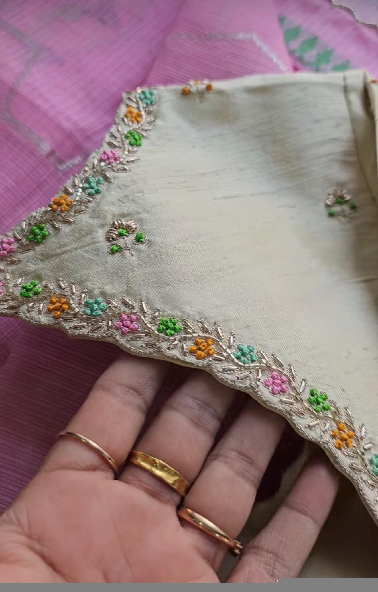 Hand Embroidered Silk Saree Blouse: Cream Zardosi Maggam Work,mix and match blouse,handwork blouse,off white blouse,plus size blouse,maggam