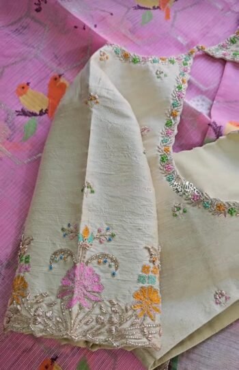 Hand Embroidered Silk Saree Blouse: Cream Zardosi Maggam Work,mix and match blouse,handwork blouse,off white blouse,plus size blouse,maggam
