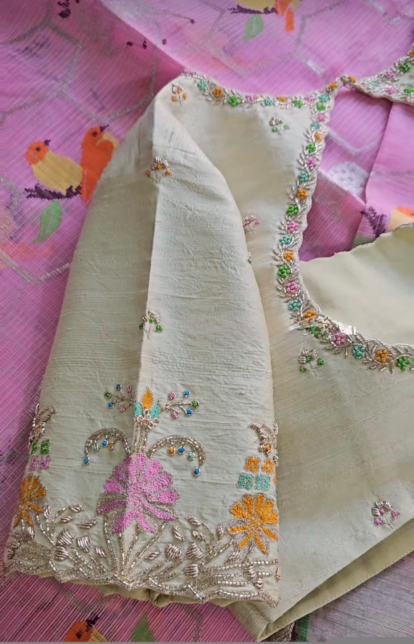 Hand Embroidered Silk Saree Blouse: Cream Zardosi Maggam Work,mix and match blouse,handwork blouse,off white blouse,plus size blouse,maggam