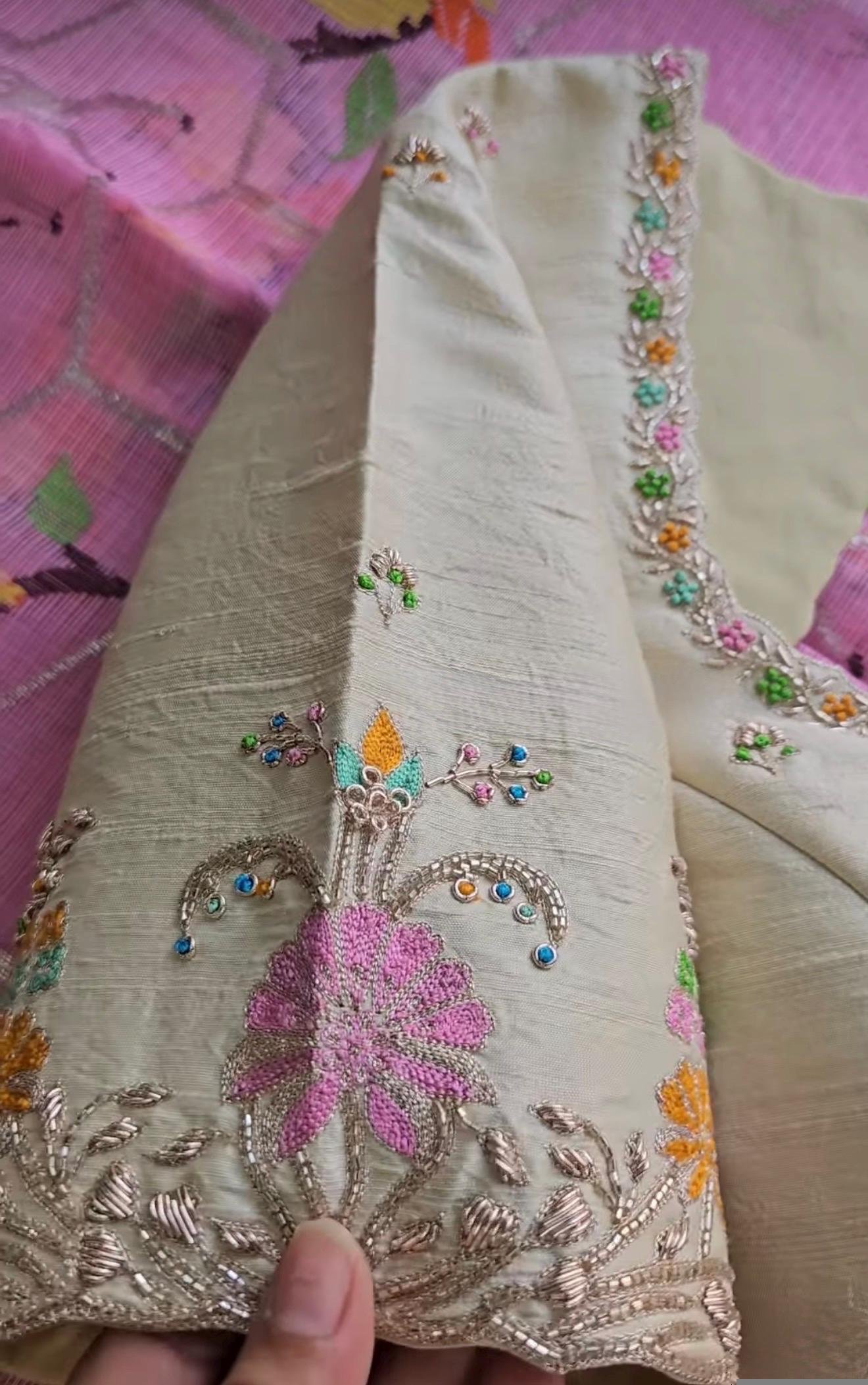 Hand Embroidered Silk Saree Blouse: Cream Zardosi Maggam Work,mix and match blouse,handwork blouse,off white blouse,plus size blouse,maggam
