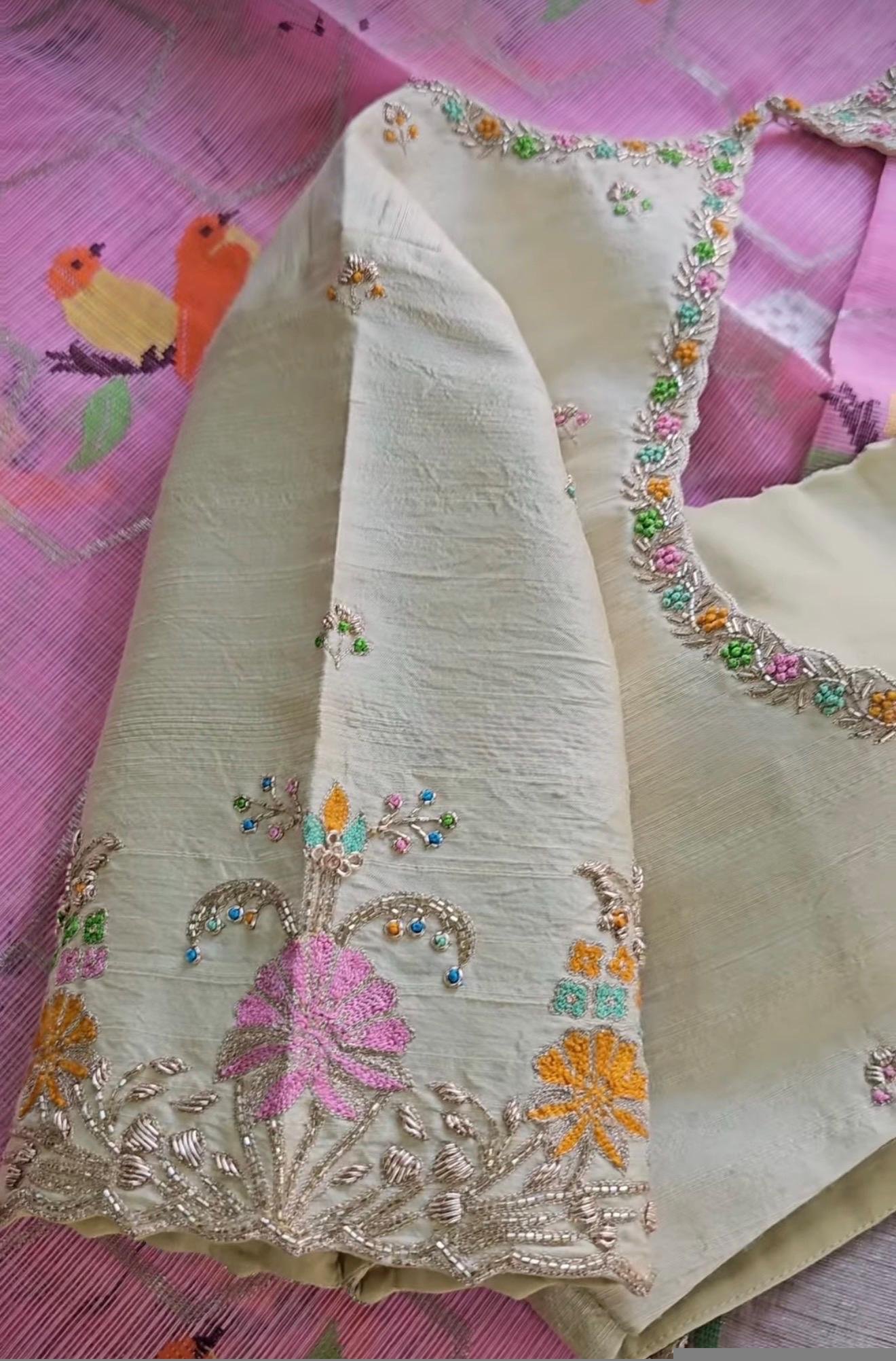 Hand Embroidered Silk Saree Blouse: Cream Zardosi Maggam Work,mix and match blouse,handwork blouse,off white blouse,plus size blouse,maggam