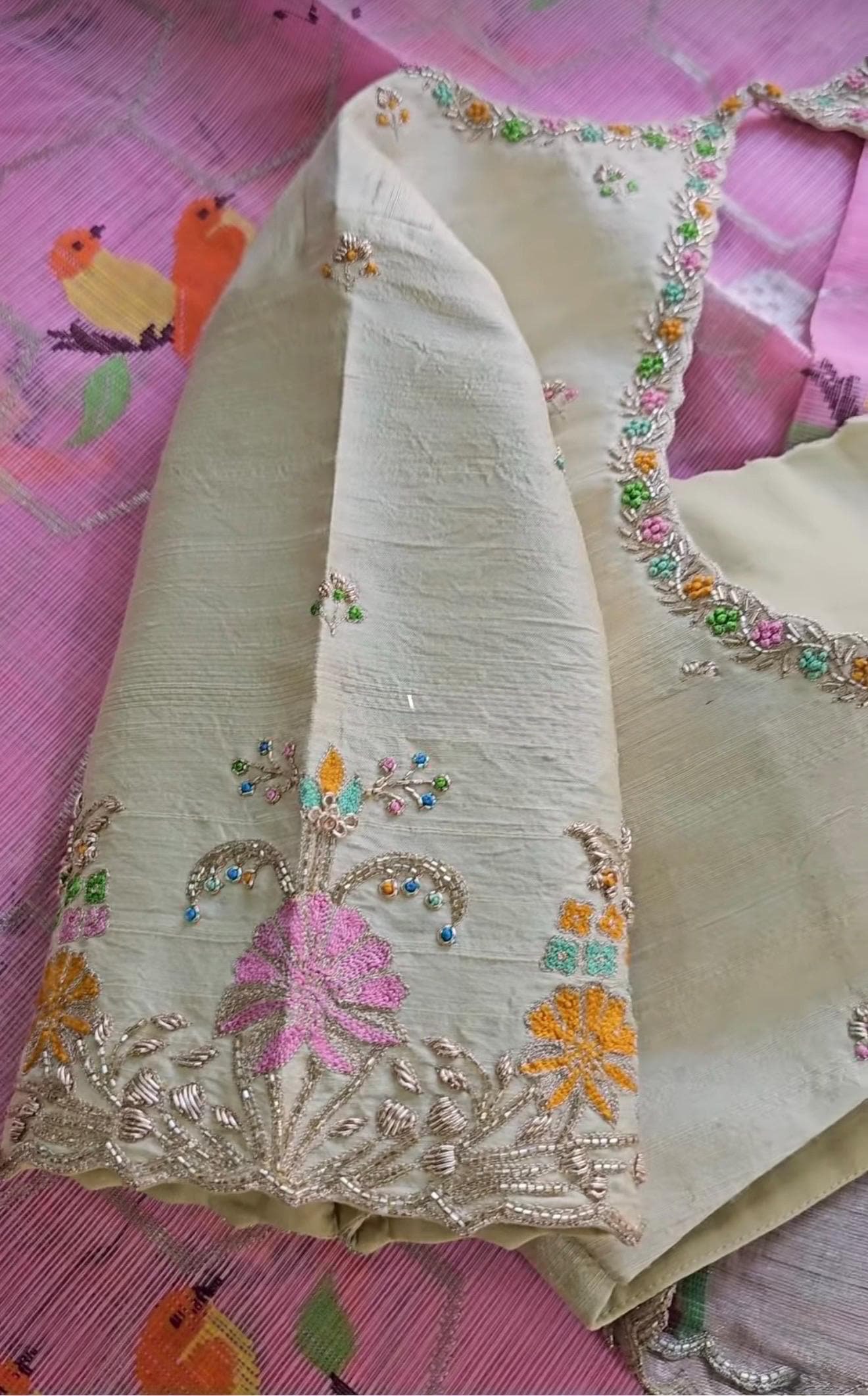 Hand Embroidered Silk Saree Blouse: Cream Zardosi Maggam Work,mix and match blouse,handwork blouse,off white blouse,plus size blouse,maggam