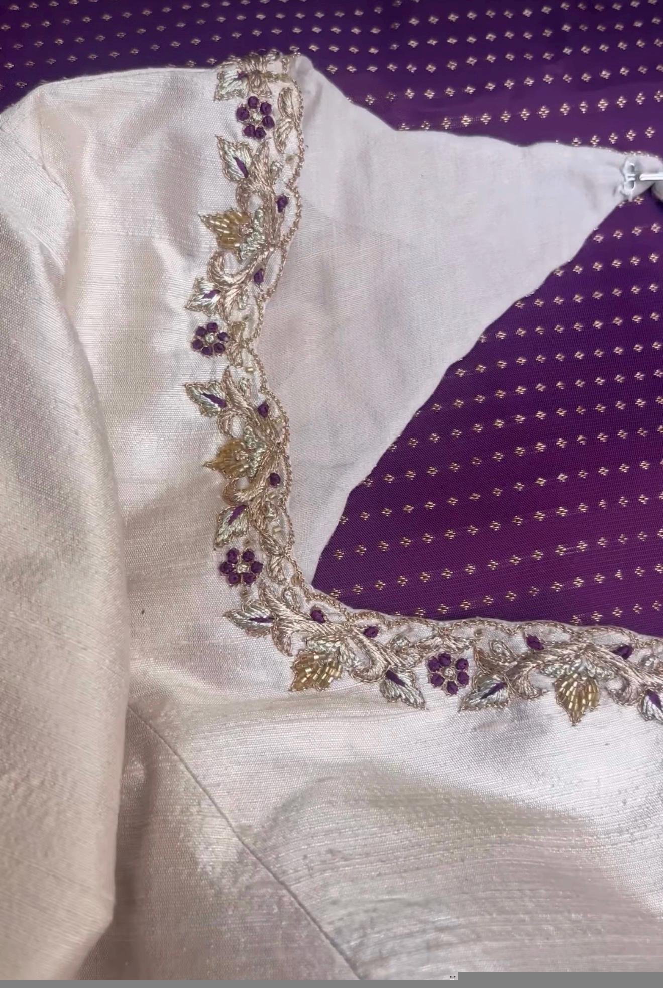 Hand Embroidered Raw Silk Blouse: Cream Zardosi Maggam Work,mix and match blouse,plus size blouse,hand work blouse,maggam work blouse,cream