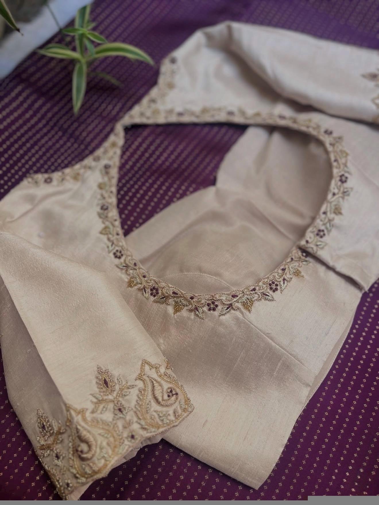 Hand Embroidered Raw Silk Blouse: Cream Zardosi Maggam Work,mix and match blouse,plus size blouse,hand work blouse,maggam work blouse,cream
