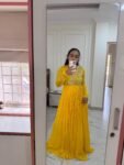 Lemon Yellow Anarkali Suit/Hand Embroidered full Haldi Dress,yellow anarkali kurta/simple anarkali dress,haldi outfit,handwork kurta USA