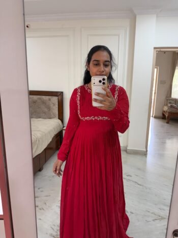 Hand Embroidered Red Chanderi Anarkali Dress: Indian Party Gown,red anarkali dress , red full sleeve dress , handwork dress, Indian kurta us