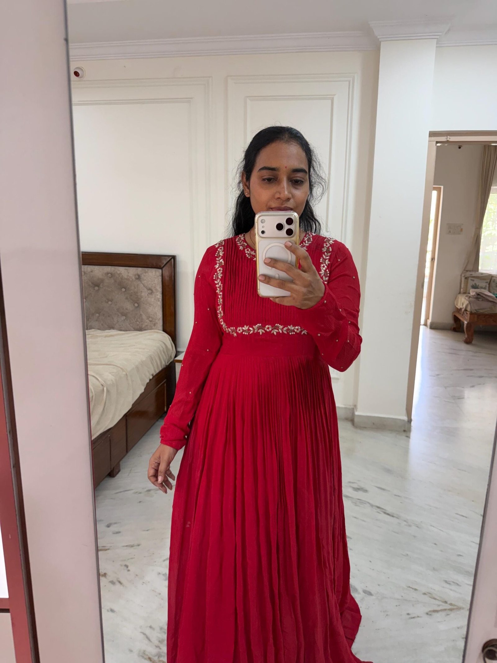 Hand Embroidered Red Chanderi Anarkali Dress: Indian Party Gown,red anarkali dress , red full sleeve dress , handwork dress, Indian kurta us