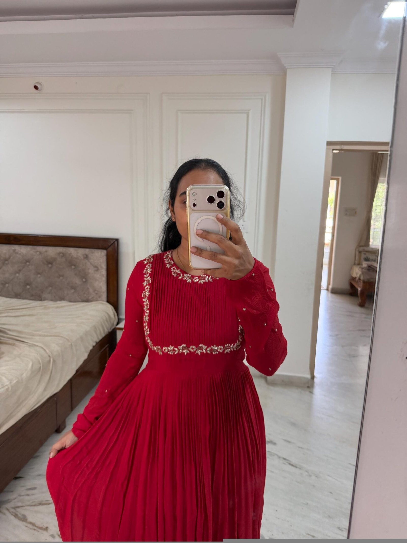 Hand Embroidered Red Chanderi Anarkali Dress: Indian Party Gown,red anarkali dress , red full sleeve dress , handwork dress, Indian kurta us
