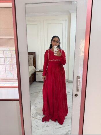 Hand Embroidered Red Chanderi Anarkali Dress: Indian Party Gown,red anarkali dress , red full sleeve dress , handwork dress, Indian kurta us
