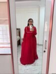 Hand Embroidered Red Chanderi Anarkali Dress: Indian Party Gown,red anarkali dress , red full sleeve dress , handwork dress, Indian kurta us