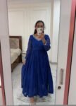 Hand Embroidered Kota Cotton Anarkali Dress: Royal Blue Indian Dress