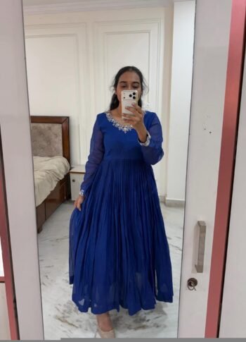 Hand Embroidered Kota Cotton Anarkali Dress: Royal Blue Indian Dress