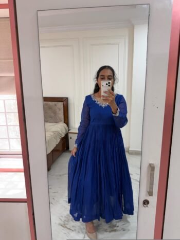 Hand Embroidered Kota Cotton Anarkali Dress: Royal Blue Indian Dress, cotton kurta,cotton kots kurta,handwork dress,summer dress,handwork dr