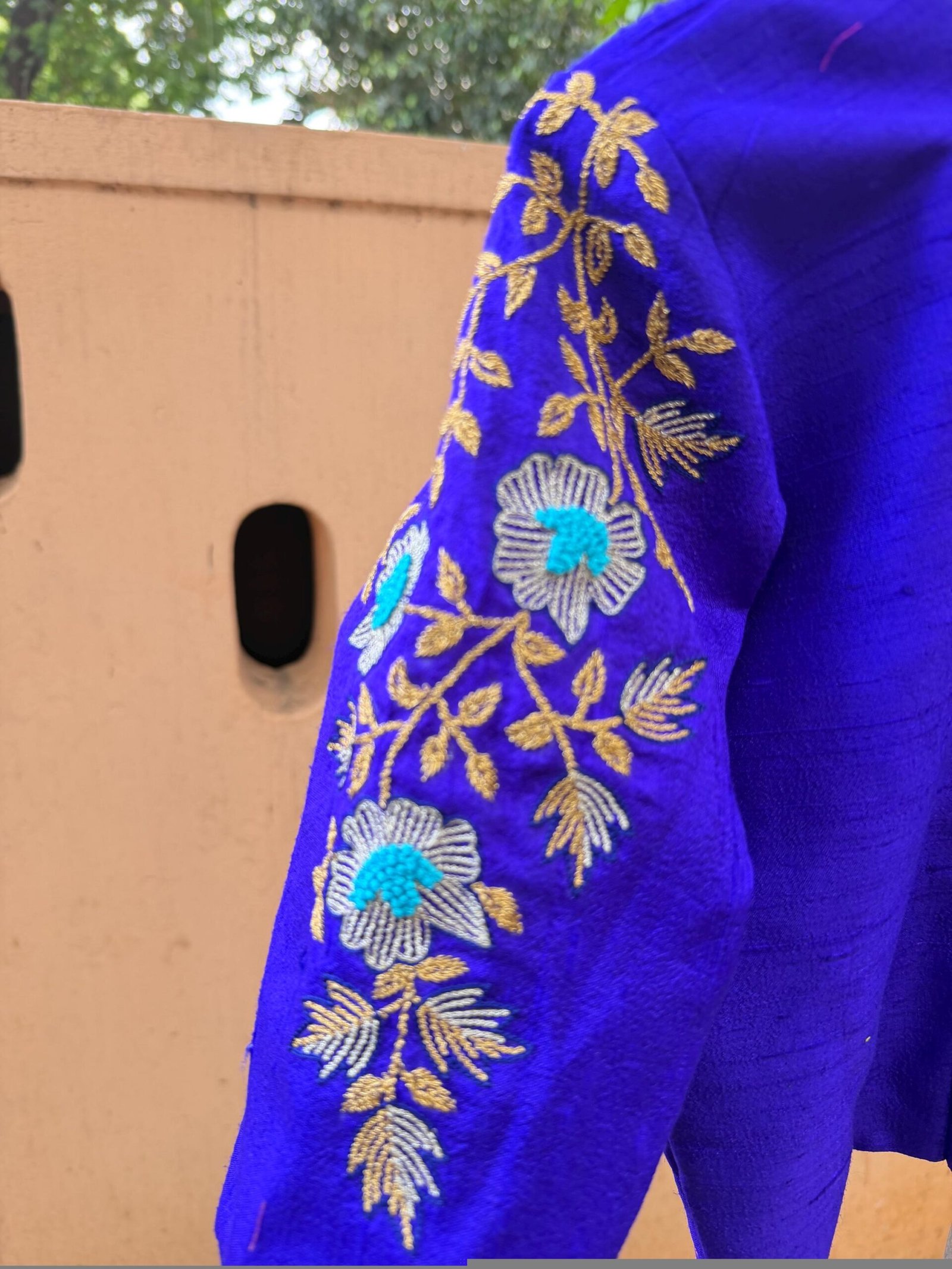 Royal Blue Silk Saree Blouse: Hand Embroidered Zardosi Maggam