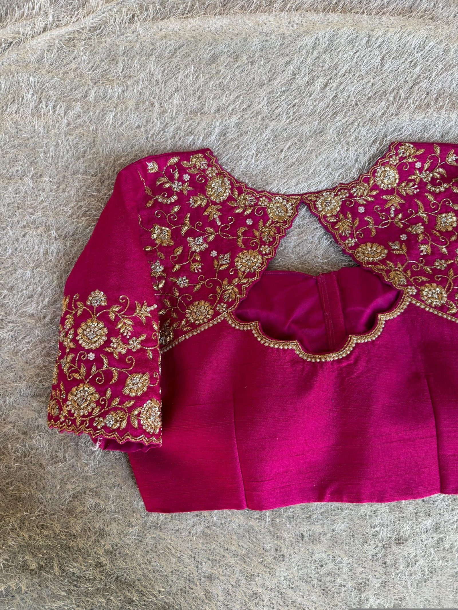 Hand Embroidered Silk Zardosi Blouse: Magenta Pink Maggam Work/pink maggam blouse,plus size blouses,hand work blouse,hand work blouses usa
