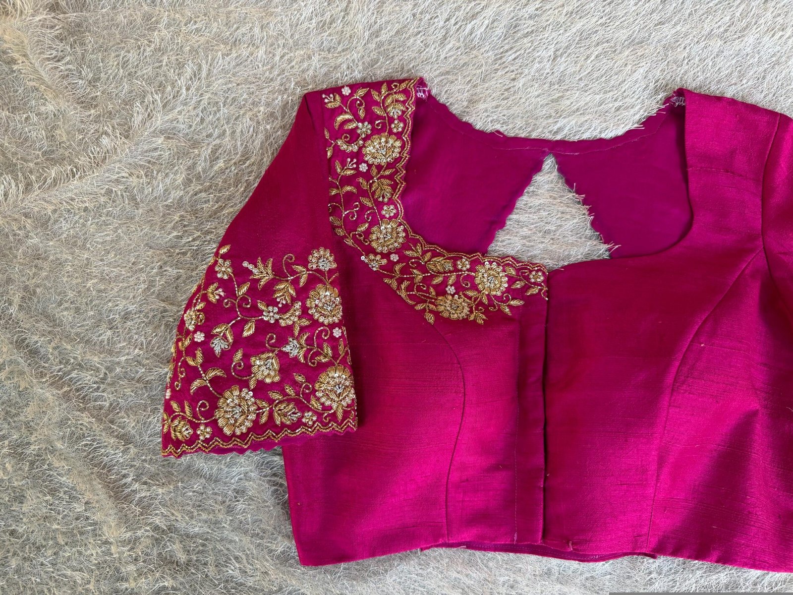 Hand Embroidered Silk Zardosi Blouse: Magenta Pink Maggam Work/pink maggam blouse,plus size blouses,hand work blouse,hand work blouses usa