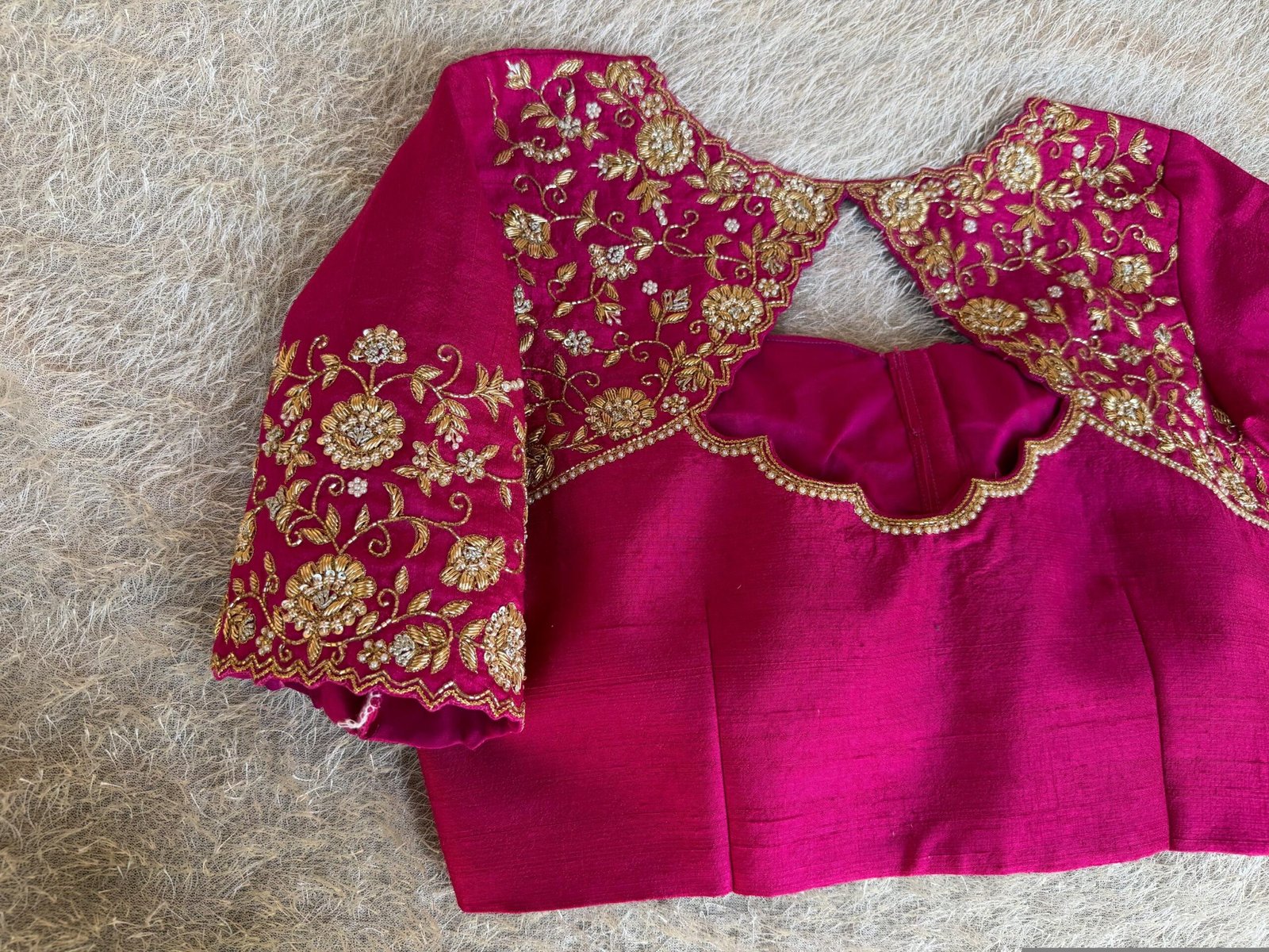 Hand Embroidered Silk Zardosi Blouse: Magenta Pink Maggam Work/pink maggam blouse,plus size blouses,hand work blouse,hand work blouses usa