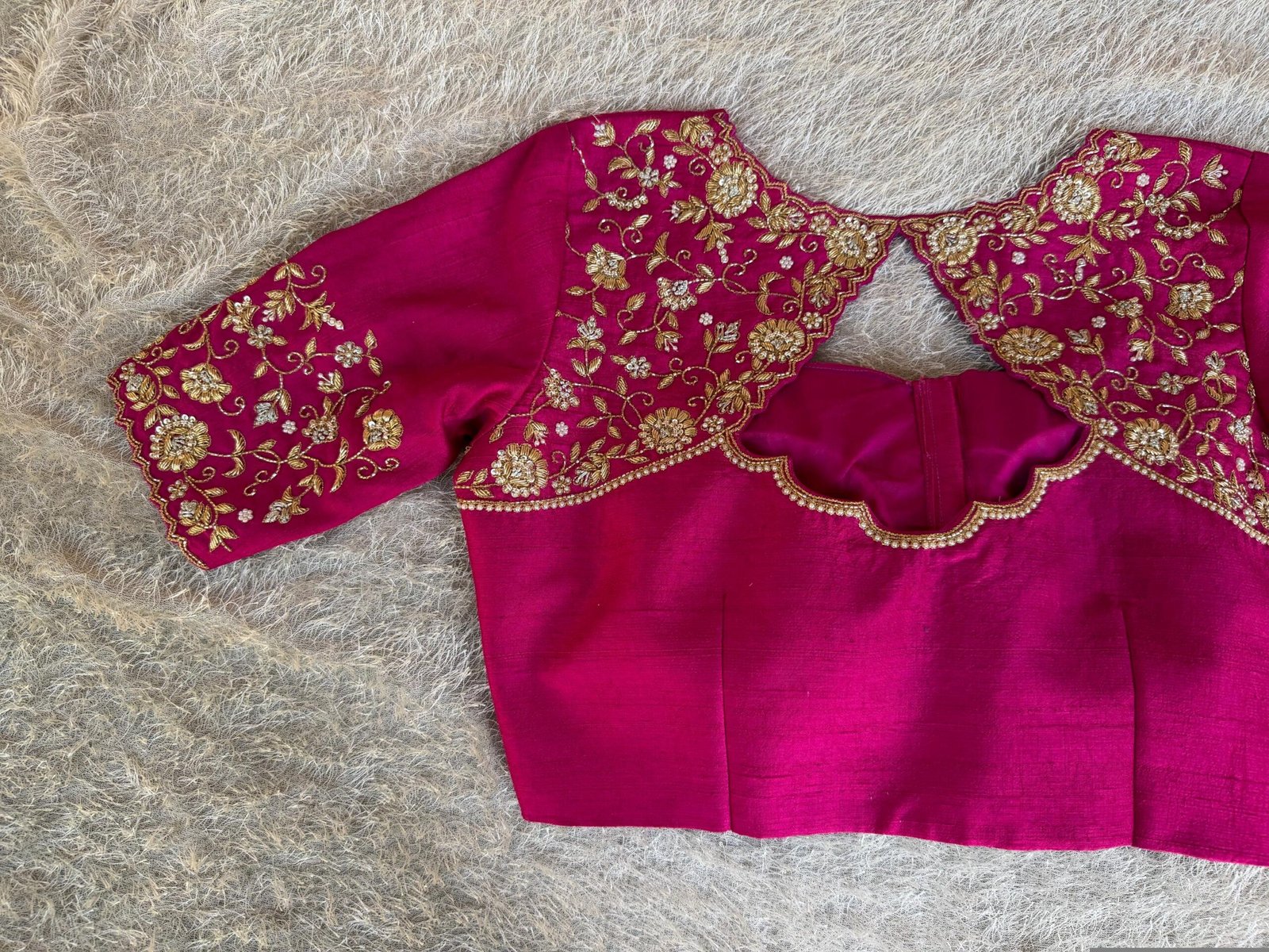 Hand Embroidered Silk Zardosi Blouse: Magenta Pink Maggam Work/pink maggam blouse,plus size blouses,hand work blouse,hand work blouses usa