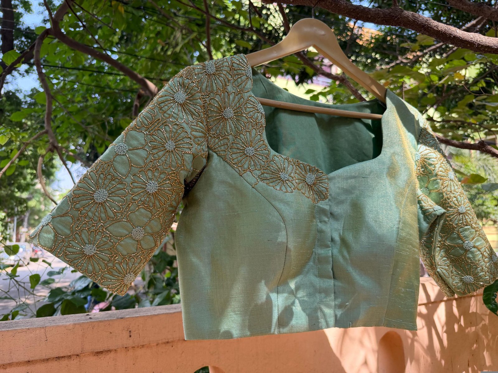 Hand Embroidered Zardosi Silk Blouse: Light Gold Maggam Work,cream tissue blosue,high neck blouse,saree blouses,mix and match saree blouse