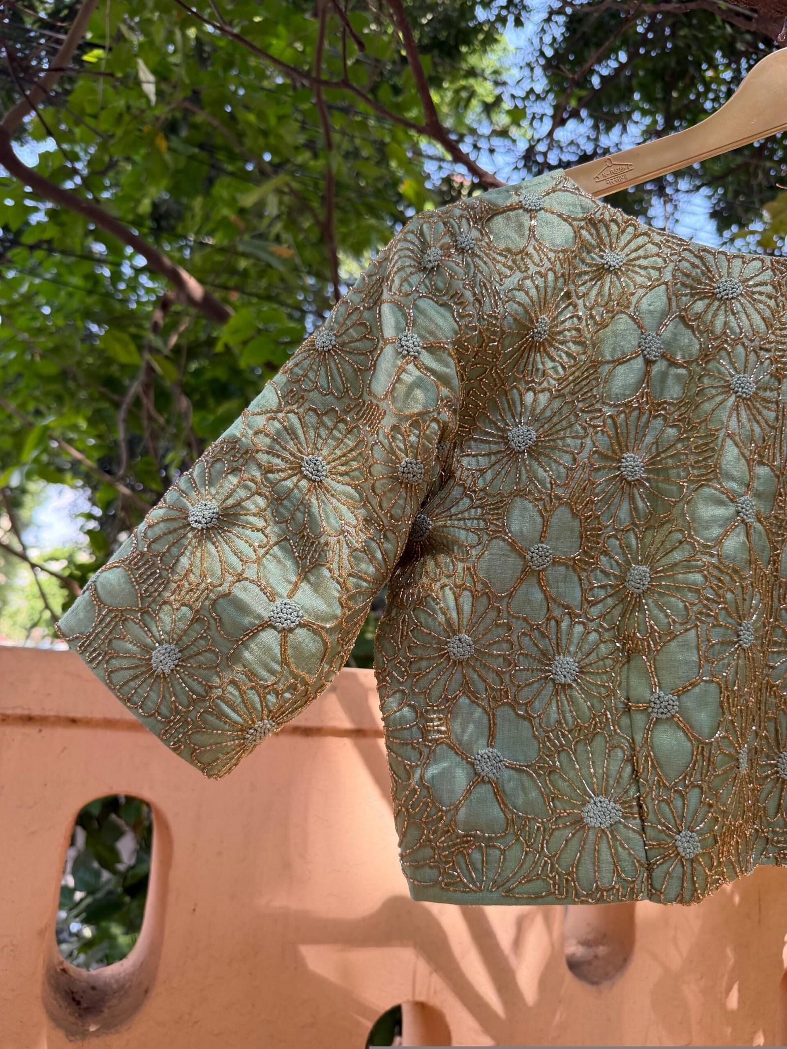 Hand Embroidered Zardosi Silk Blouse: Light Gold Maggam Work,cream tissue blosue,high neck blouse,saree blouses,mix and match saree blouse