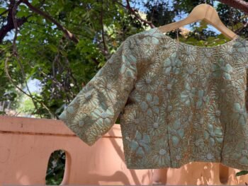 Hand Embroidered Zardosi Silk Blouse: Light Gold Maggam Work,cream tissue blosue,high neck blouse,saree blouses,mix and match saree blouse