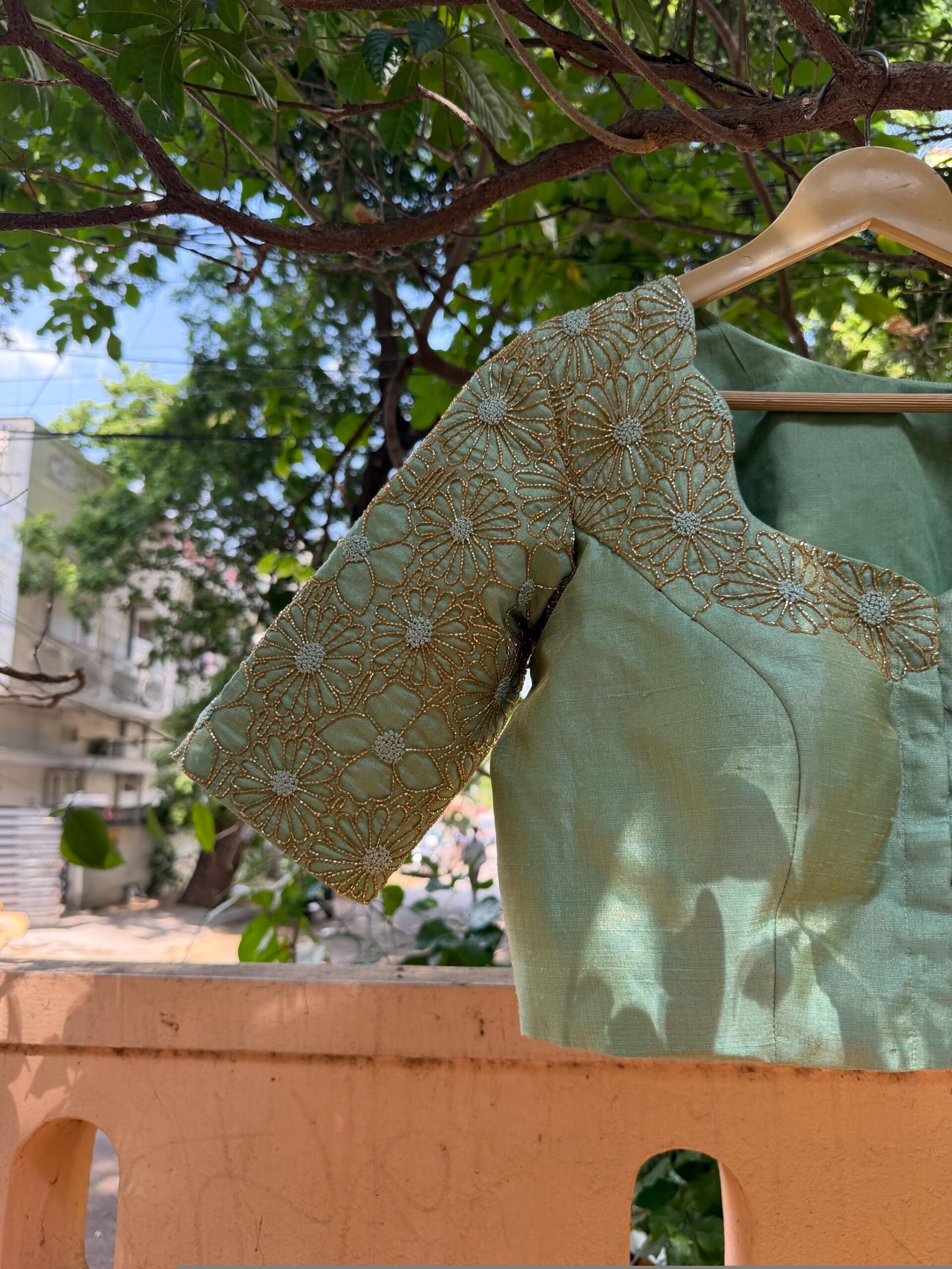 Hand Embroidered Zardosi Silk Blouse: Light Gold Maggam Work,cream tissue blosue,high neck blouse,saree blouses,mix and match saree blouse