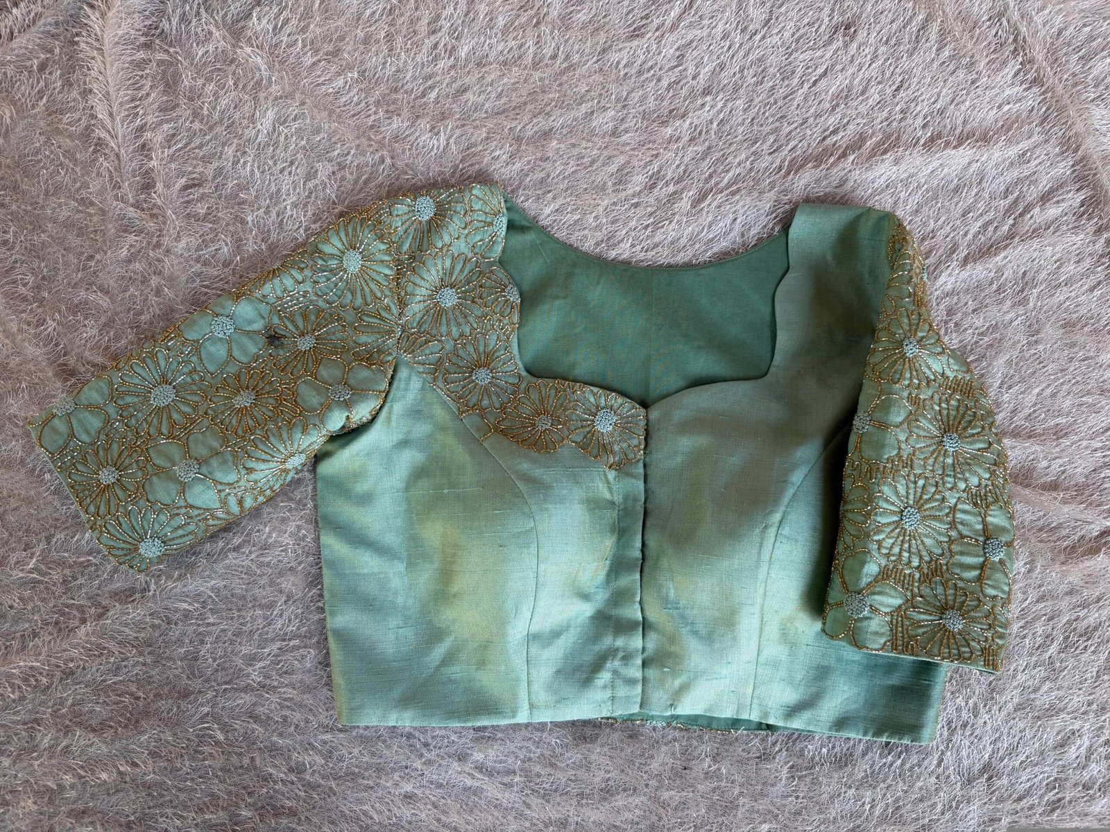 Hand Embroidered Zardosi Silk Blouse: Light Gold Maggam Work,cream tissue blosue,high neck blouse,saree blouses,mix and match saree blouse