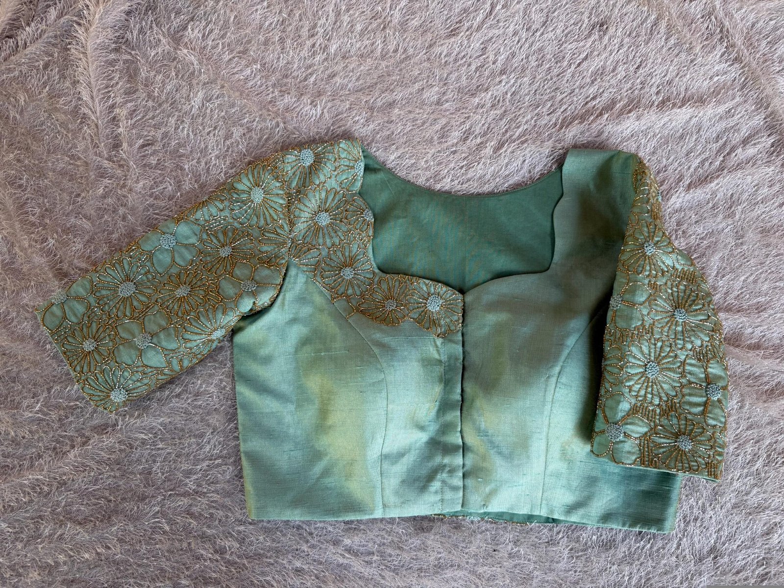 Hand Embroidered Zardosi Silk Blouse: Light Gold Maggam Work,cream tissue blosue,high neck blouse,saree blouses,mix and match saree blouse