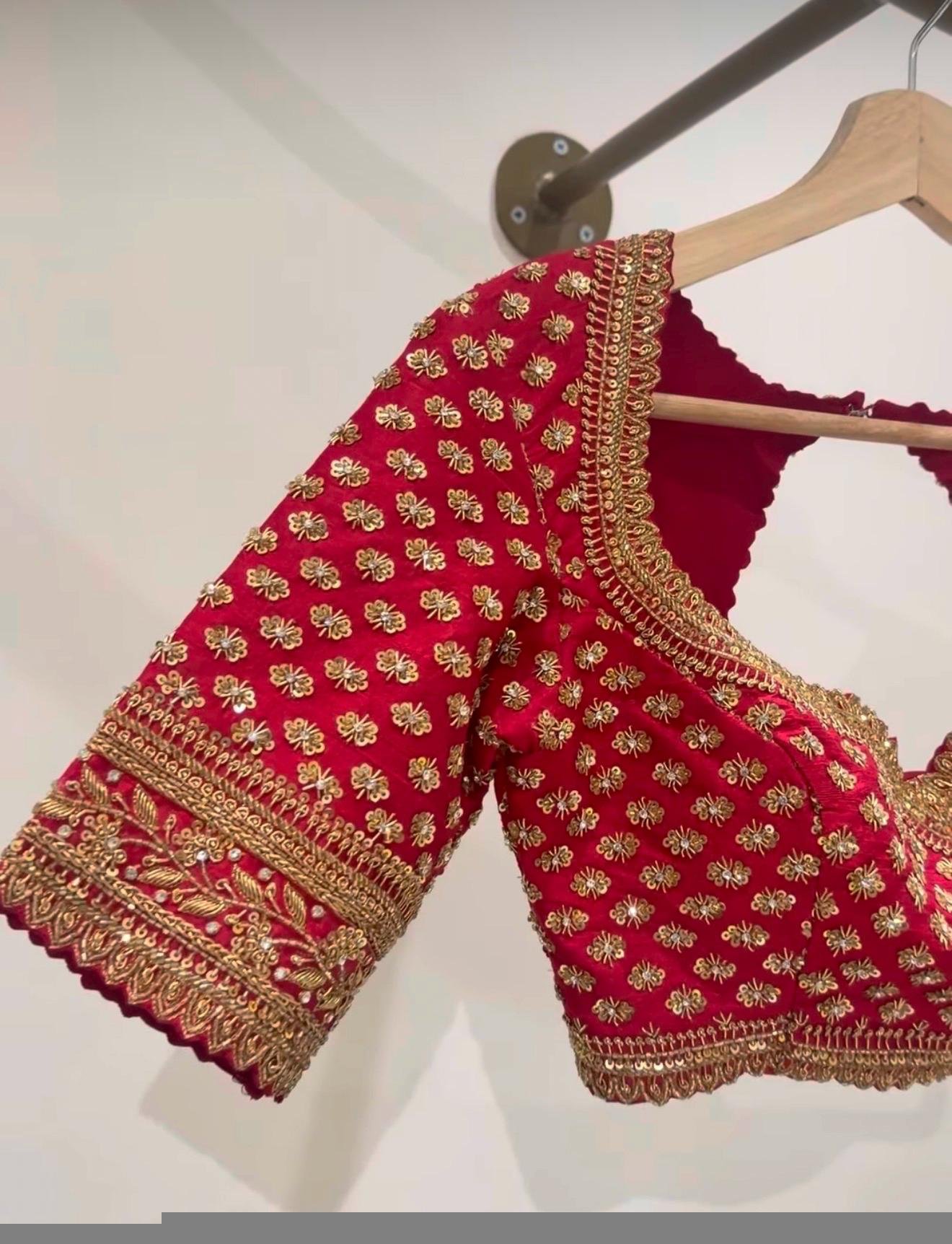 Hand Embroidered Zardosi Silk Blouse/Maroon Red Maggam Saree Blouse/red bridal blouse/burgundy blouse,kundan work blouse,mix and match blous