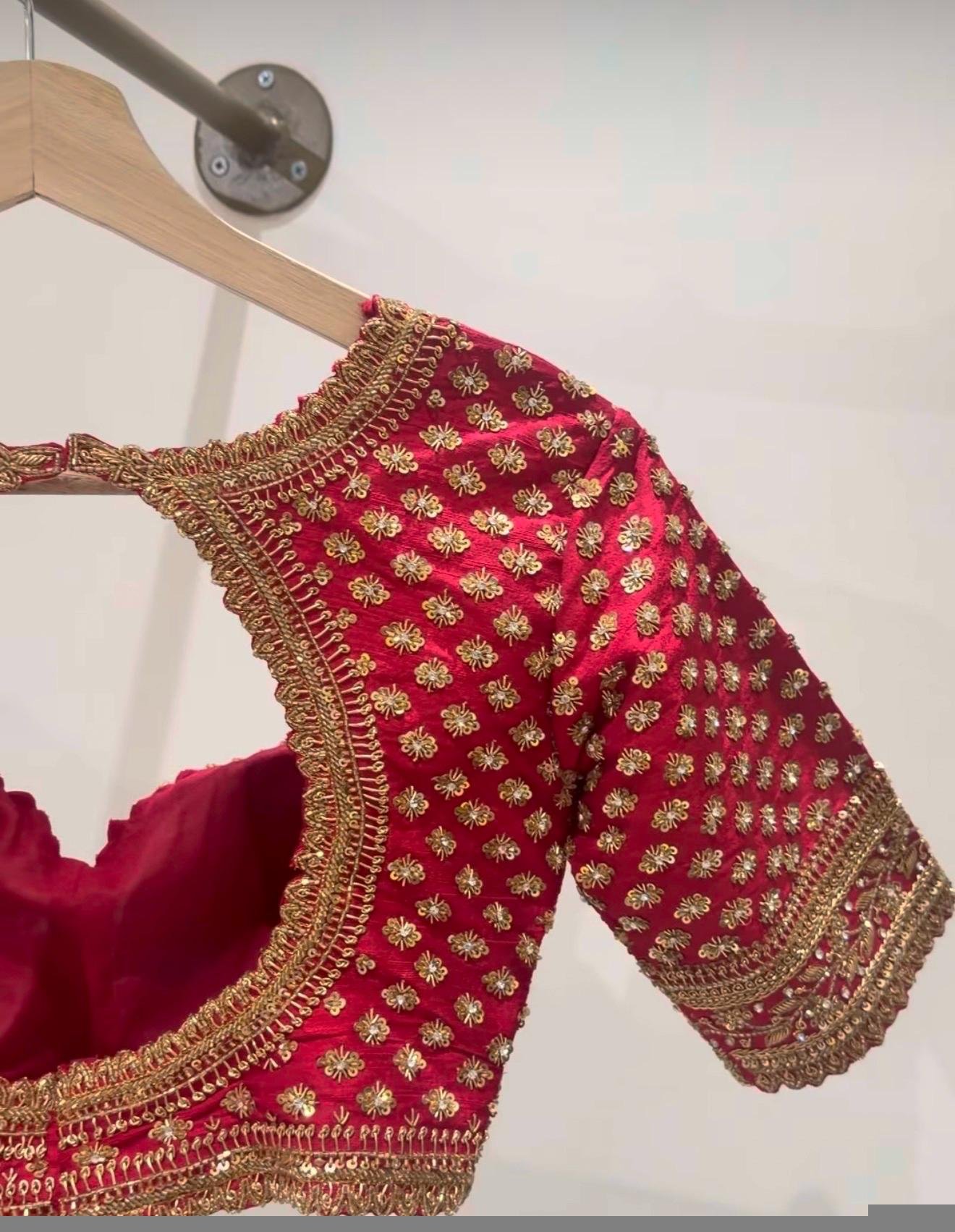 Hand Embroidered Zardosi Silk Blouse/Maroon Red Maggam Saree Blouse/red bridal blouse/burgundy blouse,kundan work blouse,mix and match blous