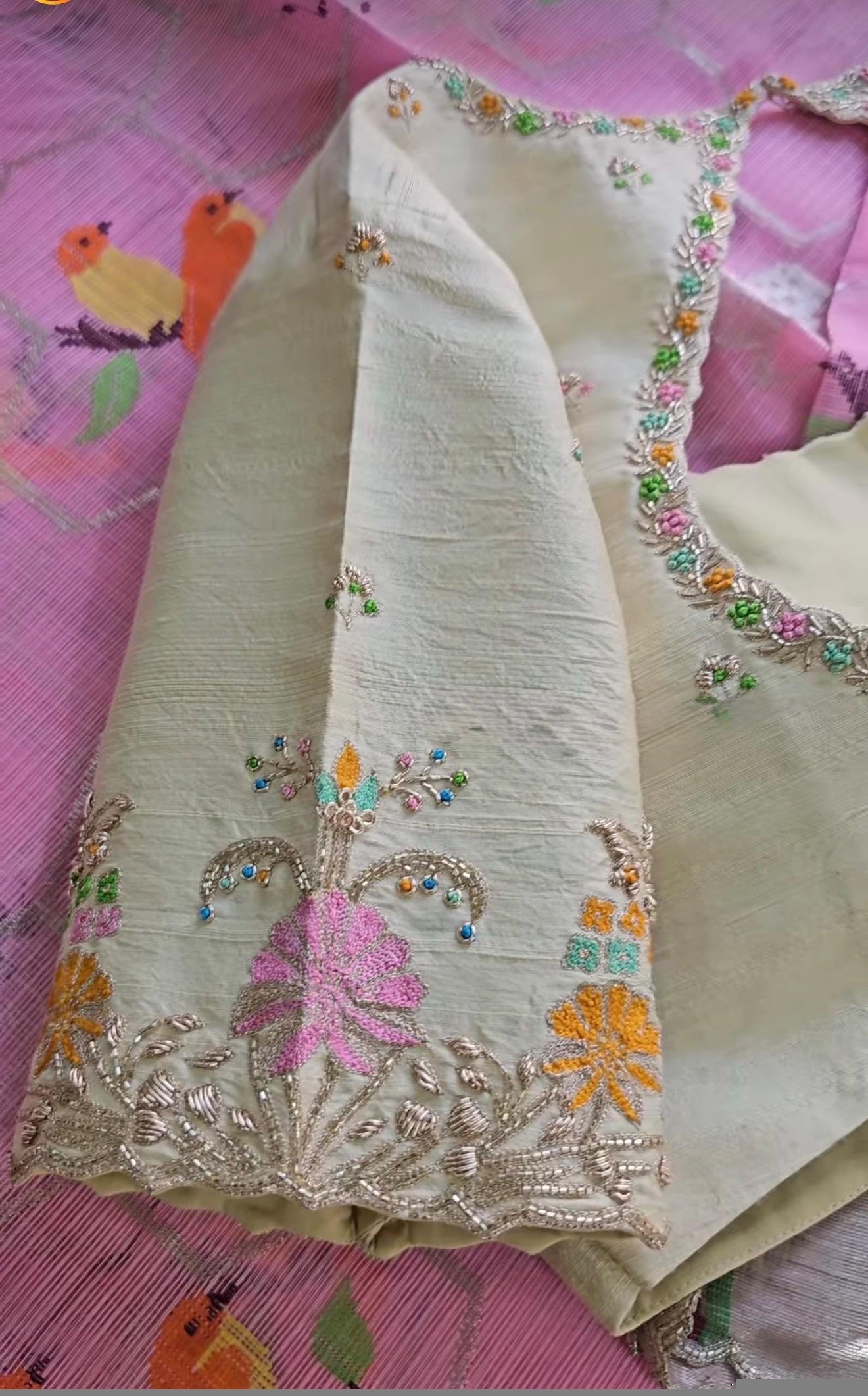 Hand Embroidered Silk Saree Blouse: Cream Zardosi Maggam Work,mix and match blouse,handwork blouse,off white blouse,plus size blouse,maggam