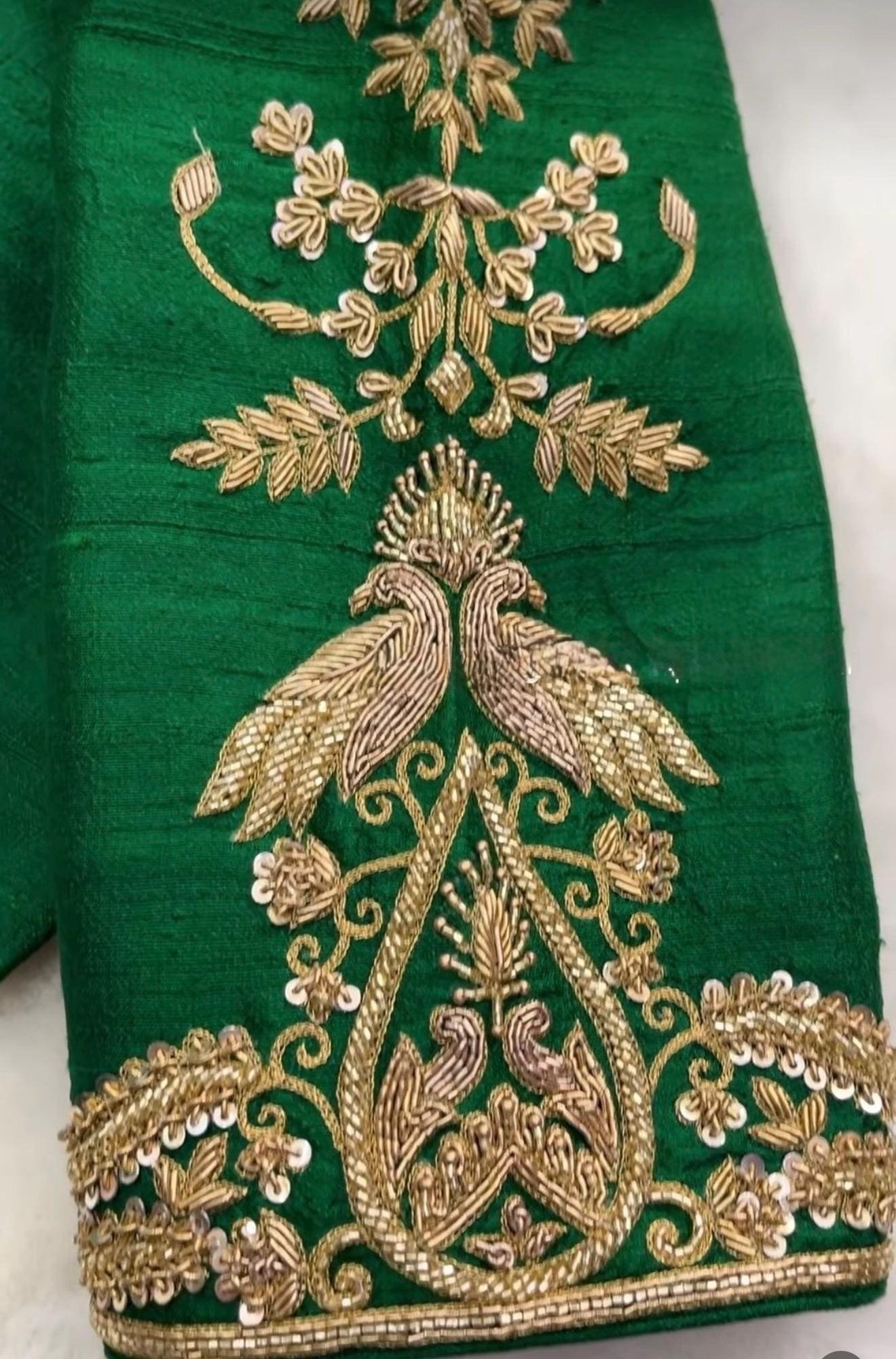 pure silk hand embroidery blouse/green saree maggam blouse/raw silk banarasizardosi blouse/hand embroidered blouse/ready made blouse zardosi
