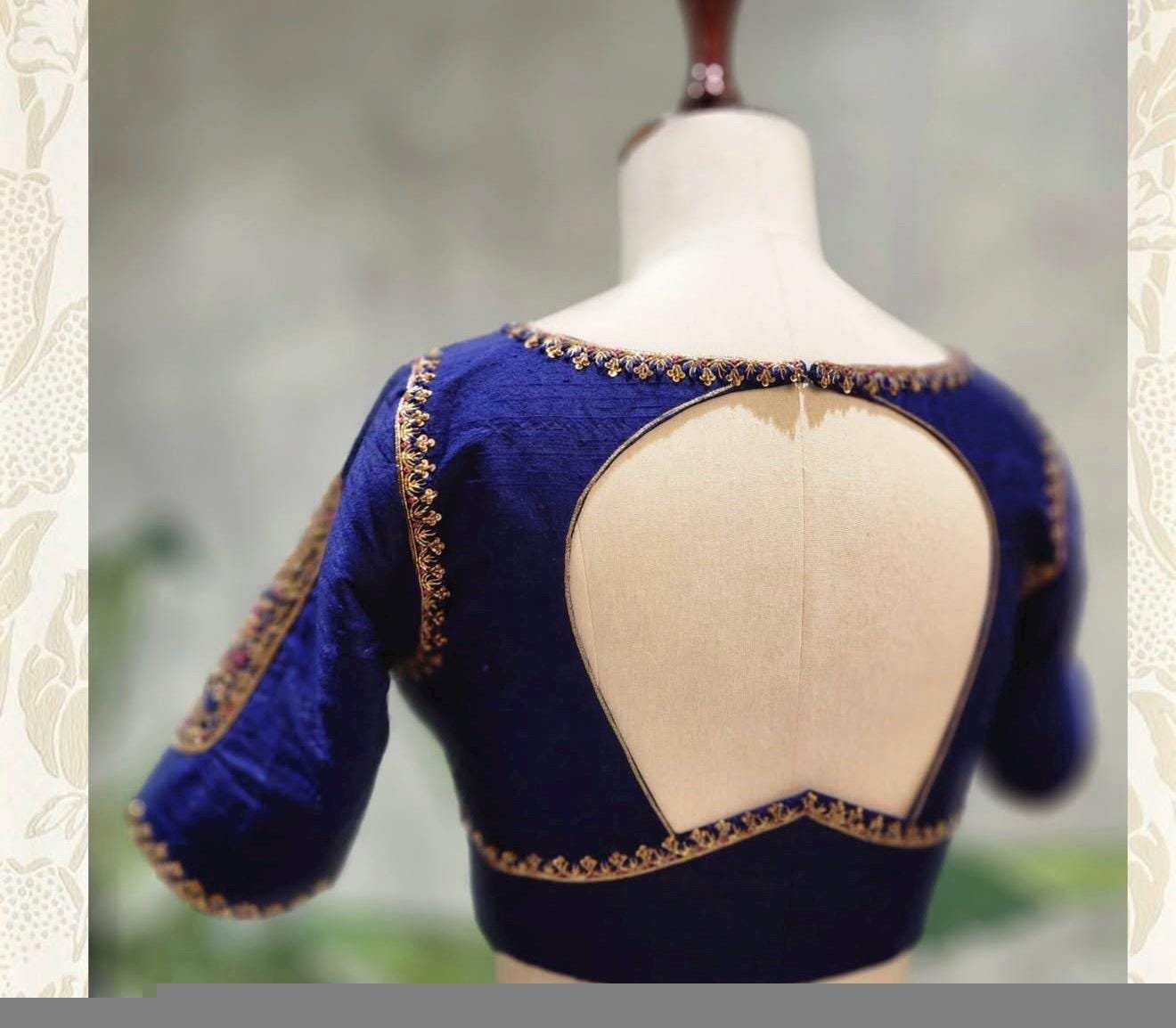 Navy blue silk hand embroidery blouse/blue saree maggam work blouse/blue saree blouse/hand embroidered blouse/blue ready made blouse zardosi