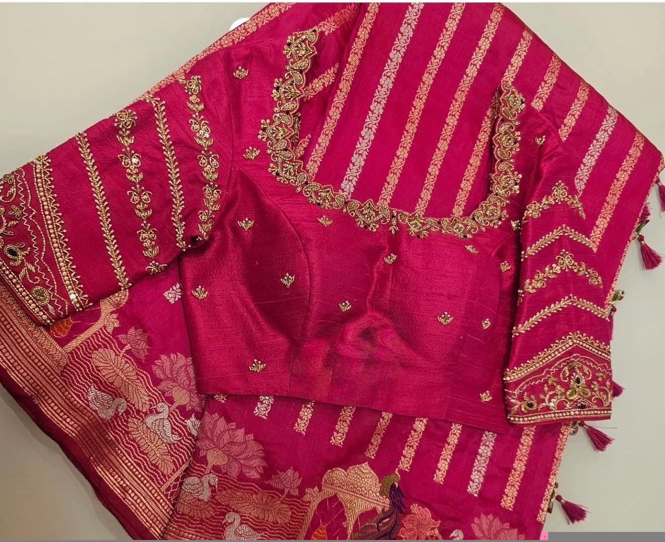 Hand Embroidered Silk Zardosi Blouse: Magenta Pink Maggam Work/pink maggam blouse,plus size blouses,hand work blouse,hand work blouses usa