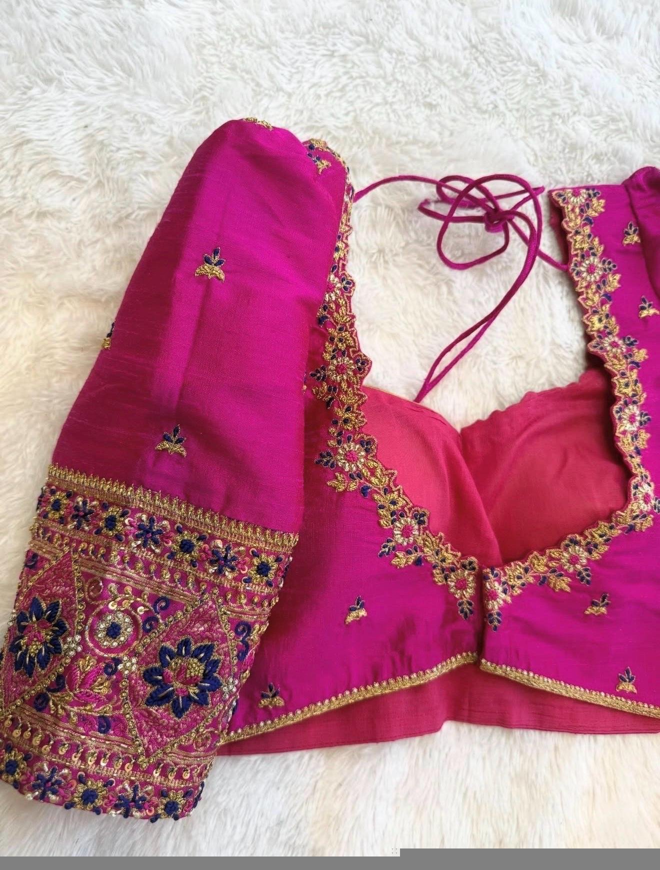 pure silk hand embroidery blouse /modern saree maggam blouse/pink zardosi blouse / hand embroidered blouse/pink ready made blouse zardosi