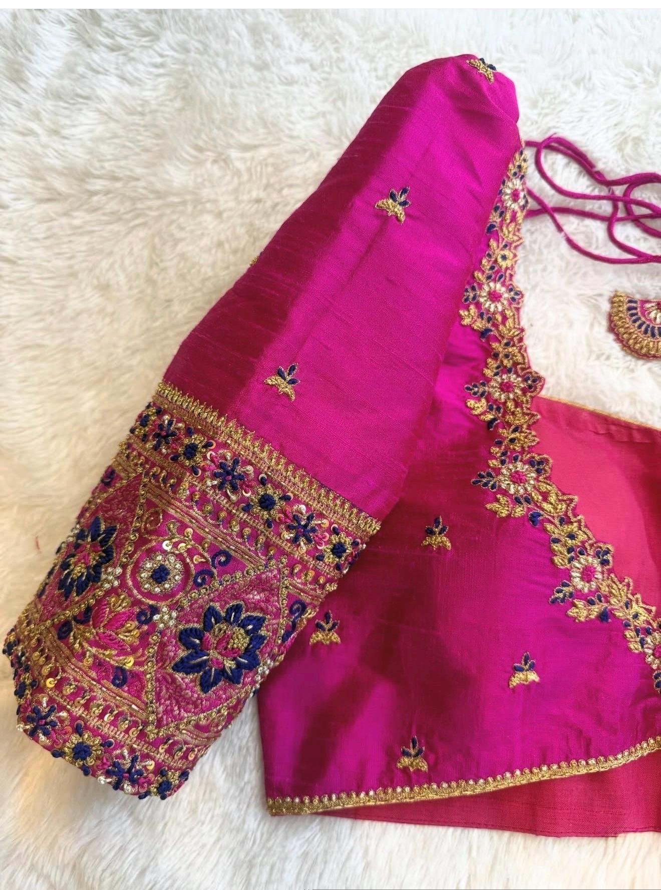 pure silk hand embroidery blouse /modern saree maggam blouse/pink zardosi blouse / hand embroidered blouse/pink ready made blouse zardosi