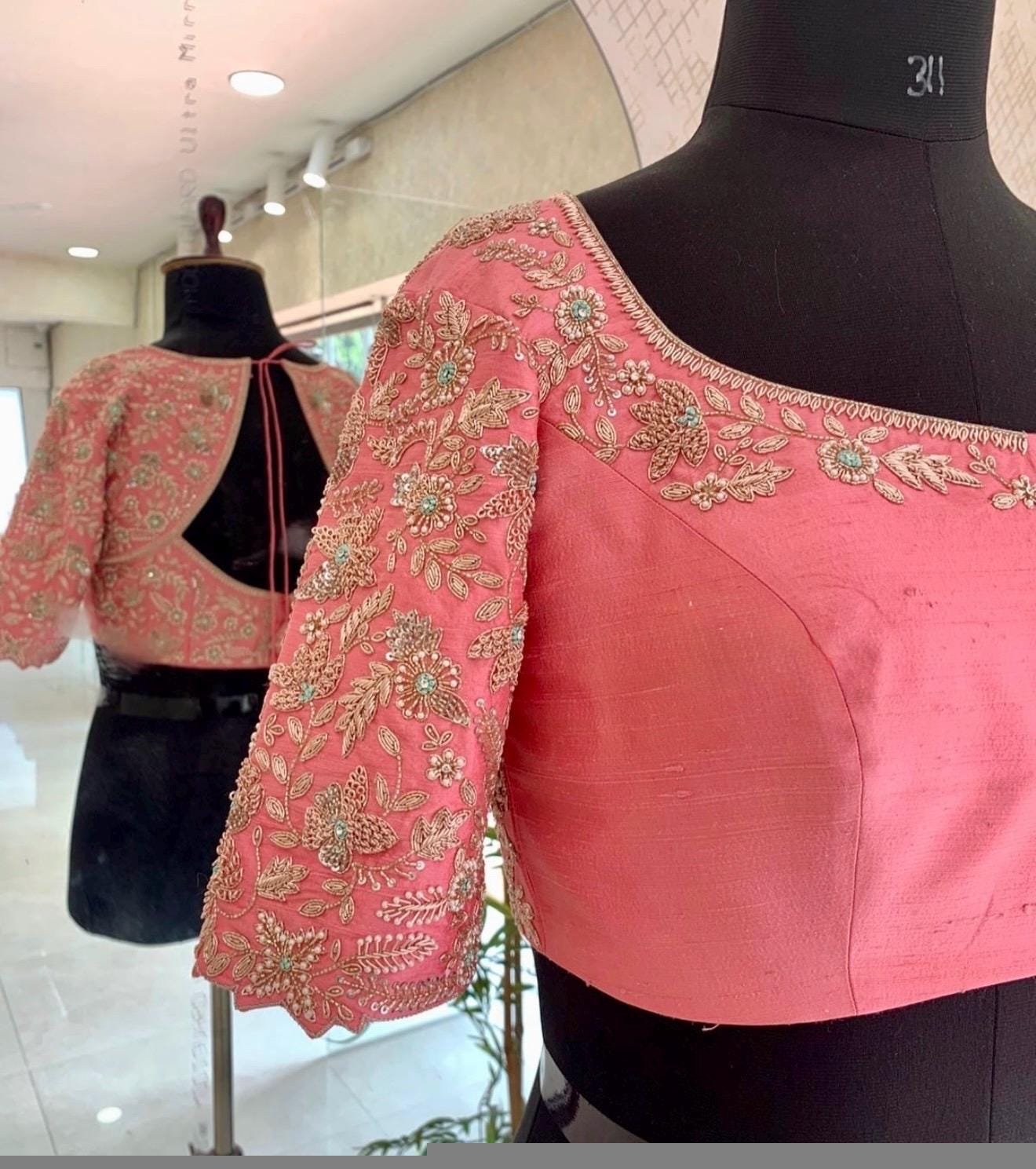pure silk hand embroidery blouse/peach pink maggam blouse/peach hand embroidered blouse/pink ready made blouse zardosi/ peach pink blouse