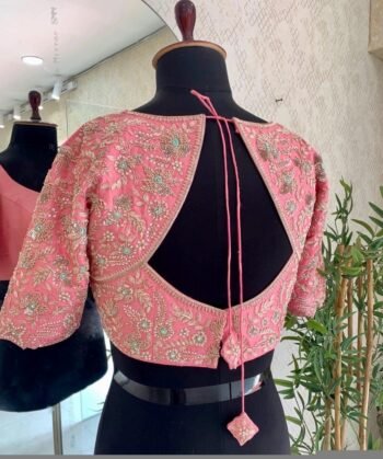pure silk hand embroidery blouse/peach pink maggam blouse/peach hand embroidered blouse/pink ready made blouse zardosi/ peach pink blouse