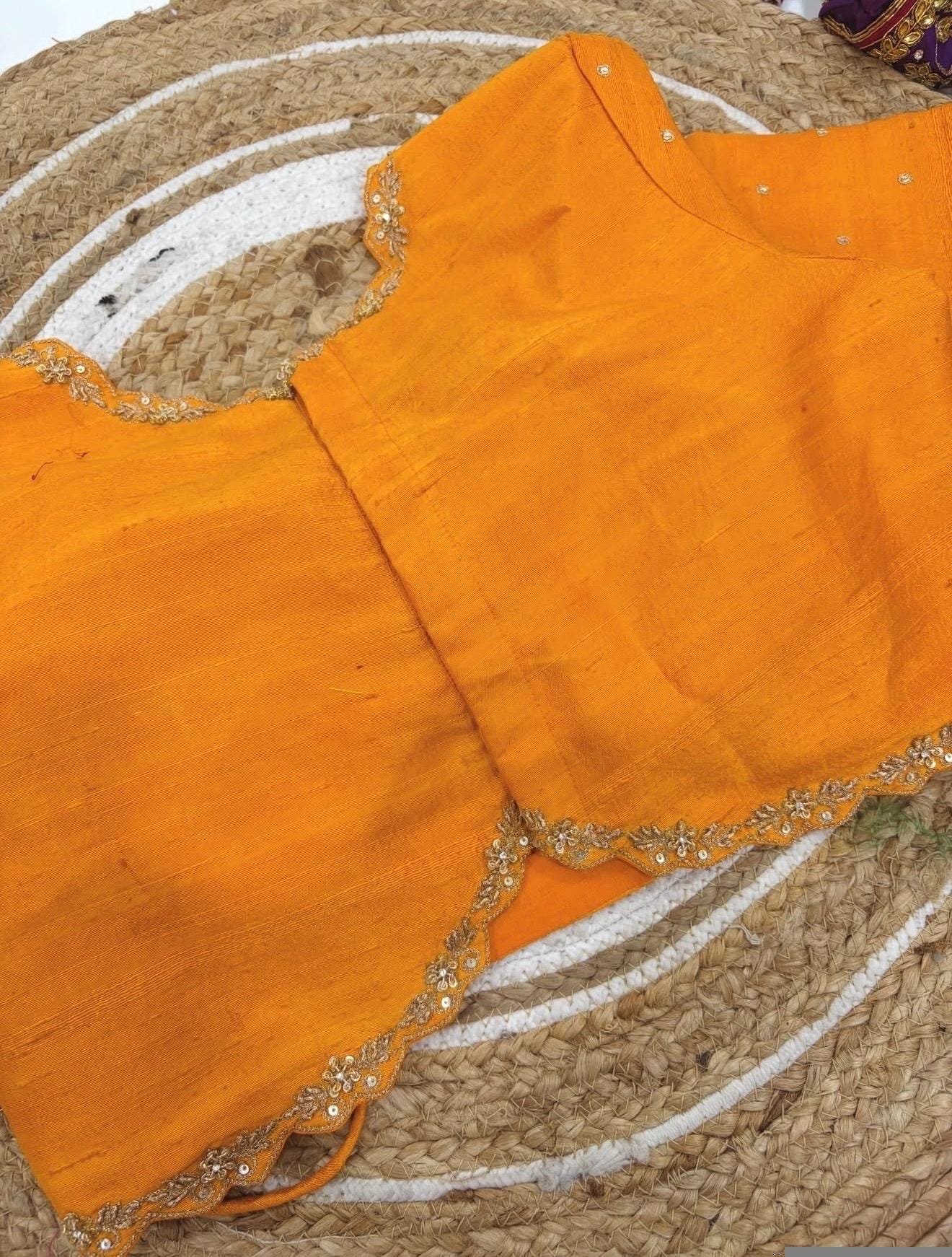 Orange silk hand embroidery blouse/orange saree maggam blouse/orange saree blouse/simplehand embroidered blouse/orange ready made blouse zar