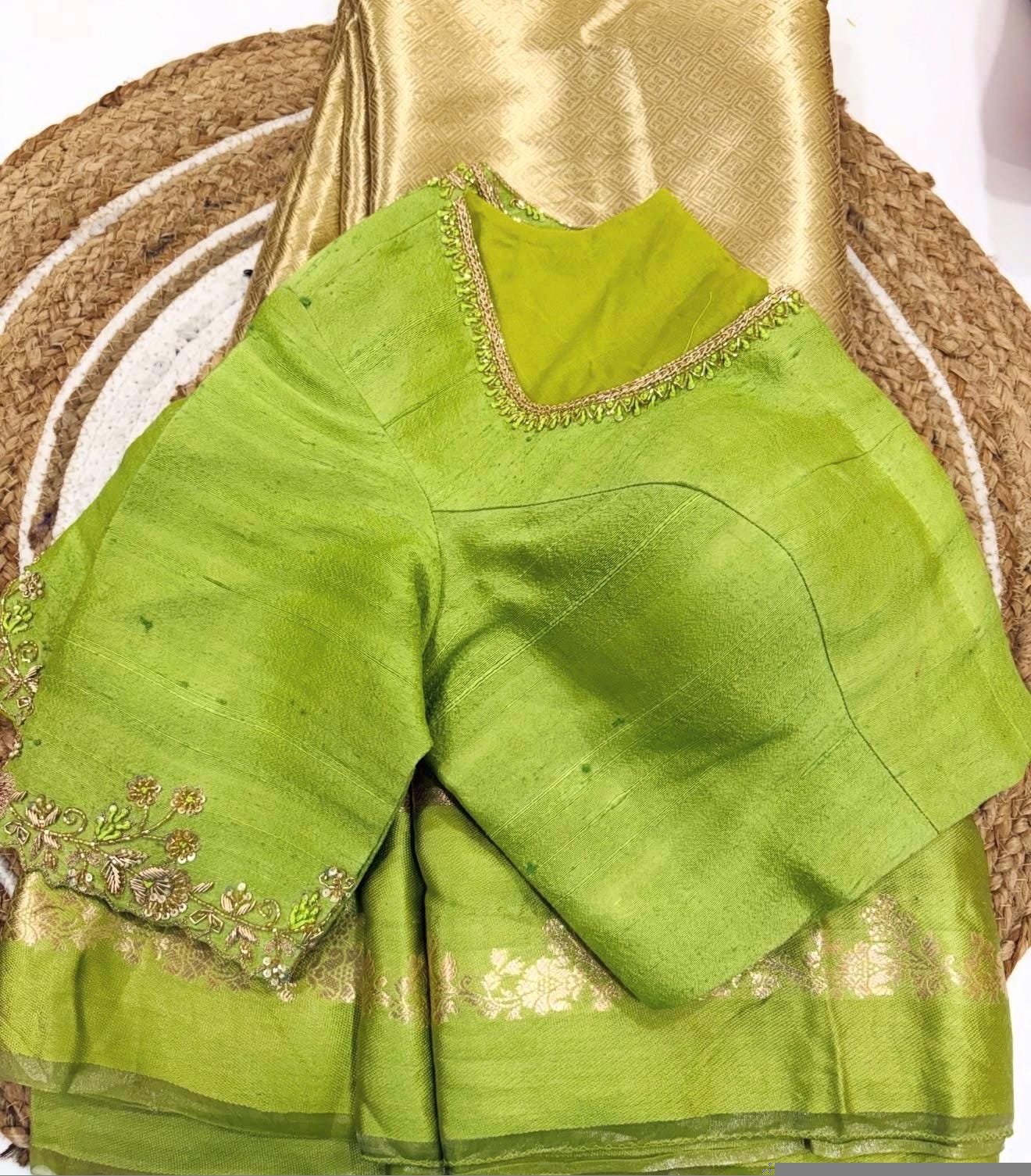 pure silk hand embroidery blouse usa/pista green saree maggam blouse /raw silk zardosi blouse /hand embroidered blouse/ready made blouse usa